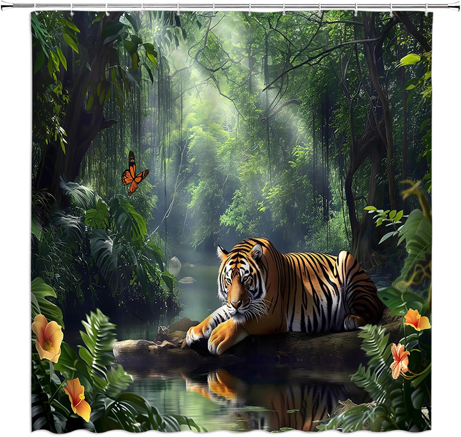 Rainforest Shower Curtain Green Forest Jungle Tiger Lake Floral Tree Tropical Plant Nature Scenery Landscape Summer Extra Long Bathroom Decor Curtain with Hooks,70W x84 H
