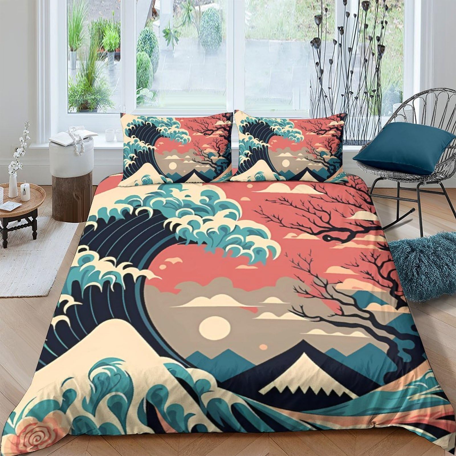 Ctjqhvkz Style-7 3D Printed Japanese Wave Fitted Sheet Microfiber Soft Breathable Mountain Sunset Bed Cover For Bedroom Dorm Decor Single（135X200cm）