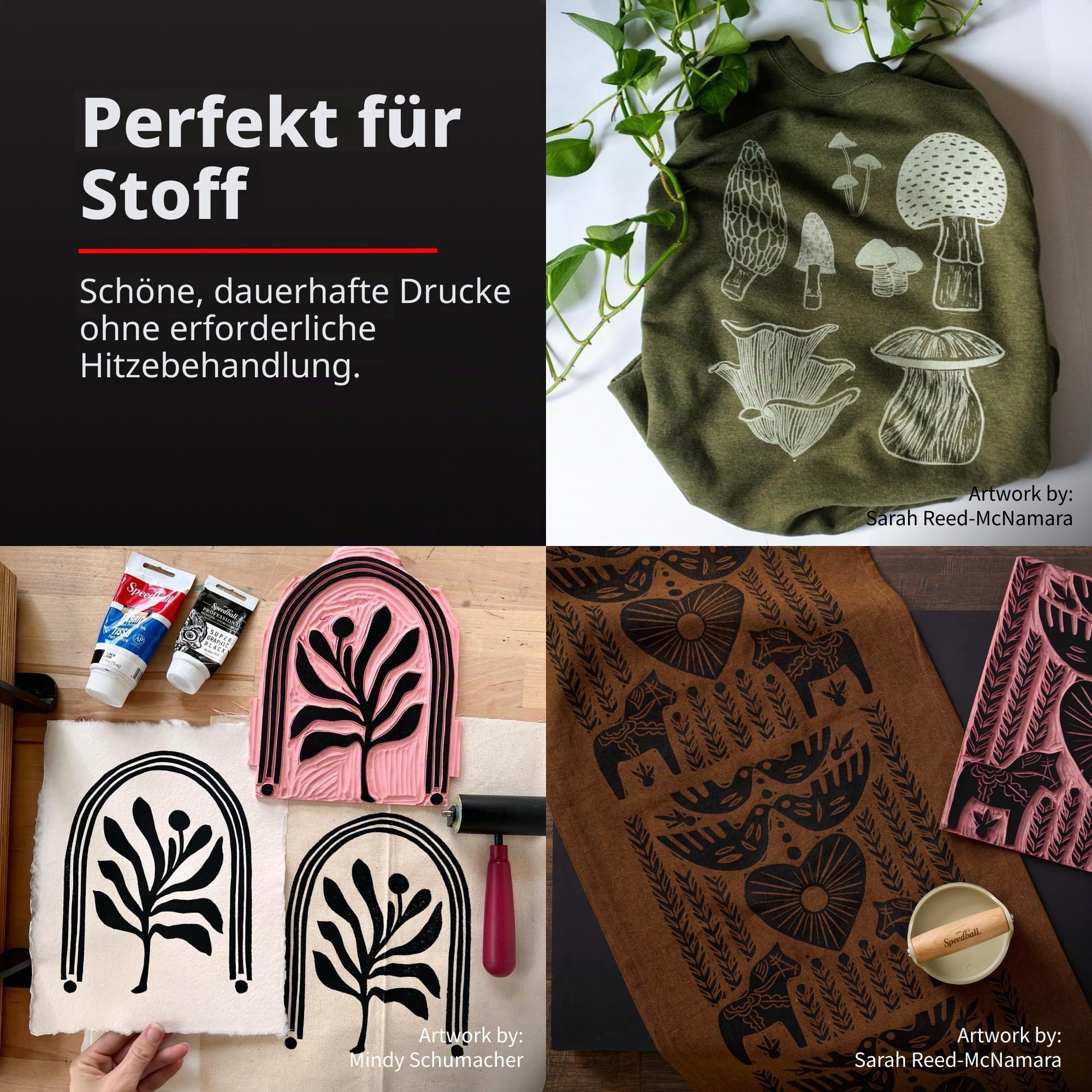 Speedball Stoff- und Papierblockdruckfarben-Set, 6 x 37 cc, 35,4 g Tuben, blau, gelb, grün, weiß, schwarz, Stoffblockdruckfarbe, Blickdicht, Stoffdruckfarbe, kein Hitzeset, berührungstrocken