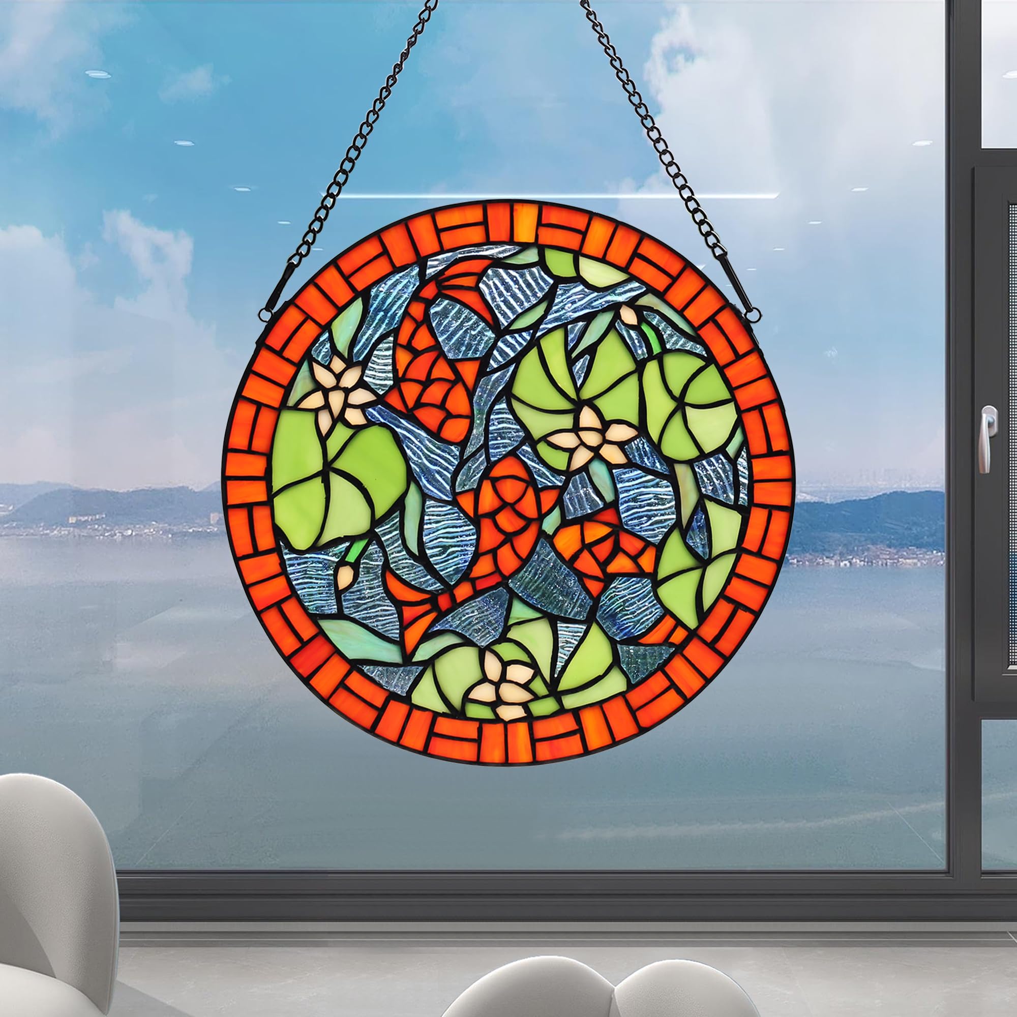 Buntglas-Fensterpaneele im Tiffany-Stil, rund, Lotusblatt, Karpfen-Fensterbehang, Sonnenblende, Wohnzimmer, Schlafzimmer, Küche, Wanddekoration, handgefertigt, Kunst-Sonnenfänger,