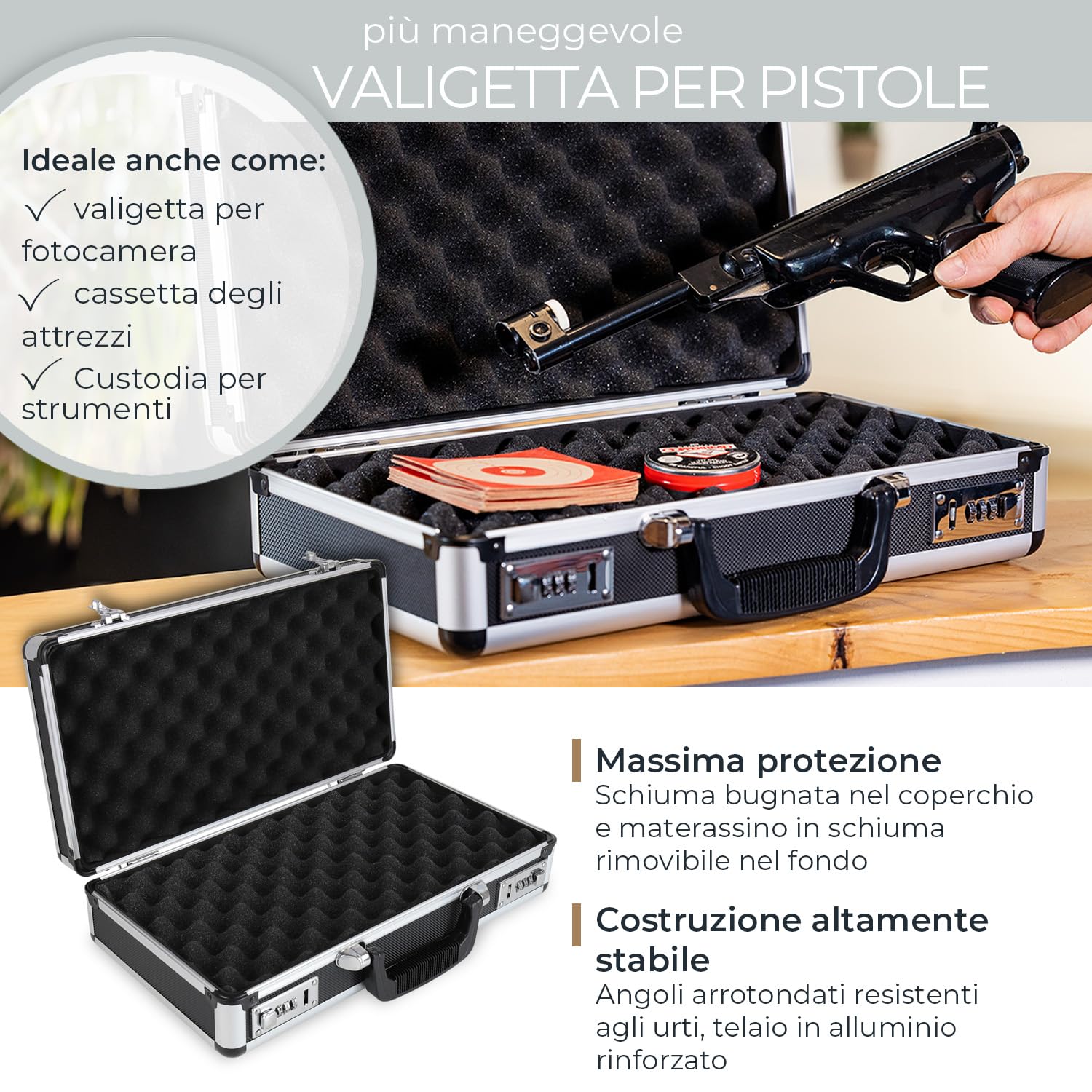 HMF 14403-02 Custodia per Pistole in Alluminio con Serratura a Combinazione | 42 x 26 x 12 cm | Nero