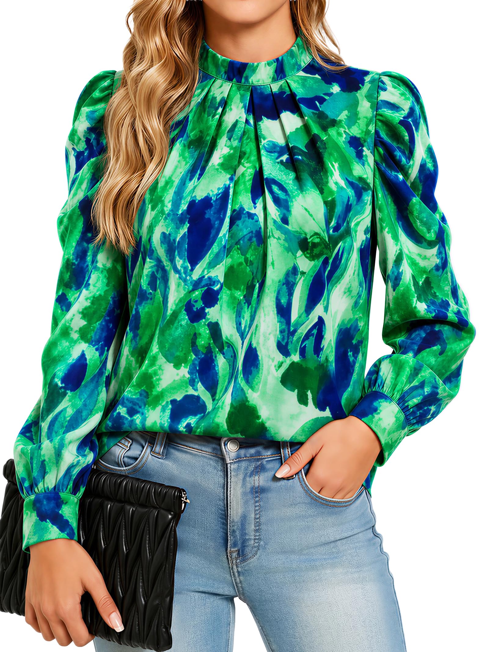 Funlingo Women Puff Long Sleeve Shirts Mock Neck Tops Dressy Casual Blouses