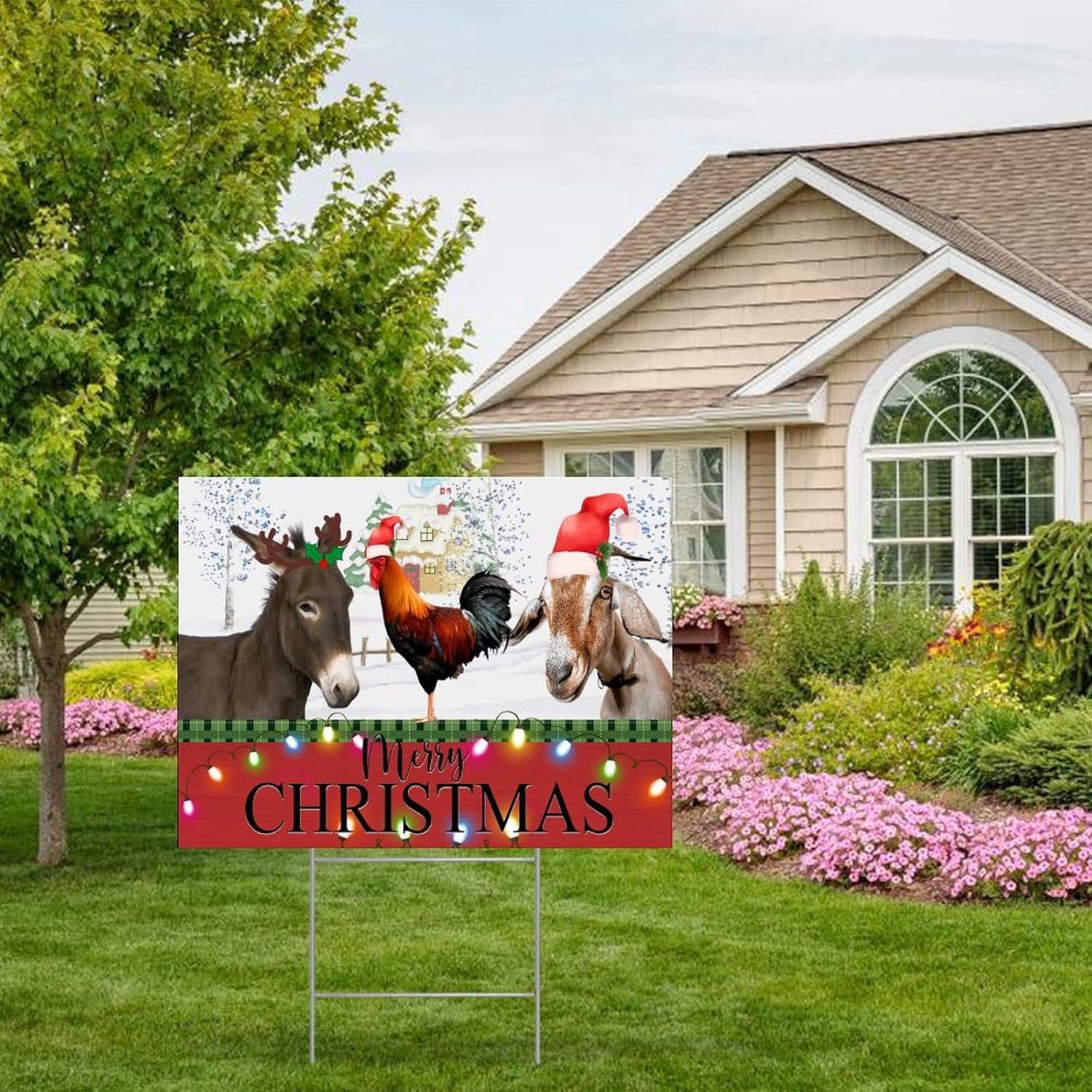 Merry Christmas Farm Animal Decorative Yard Sign with Metal H-Stakes Vintage Weatherproof Christmas Street Yard Sign for Outdoor Road Farm House Yard Lawn Decor Poster 18x24in