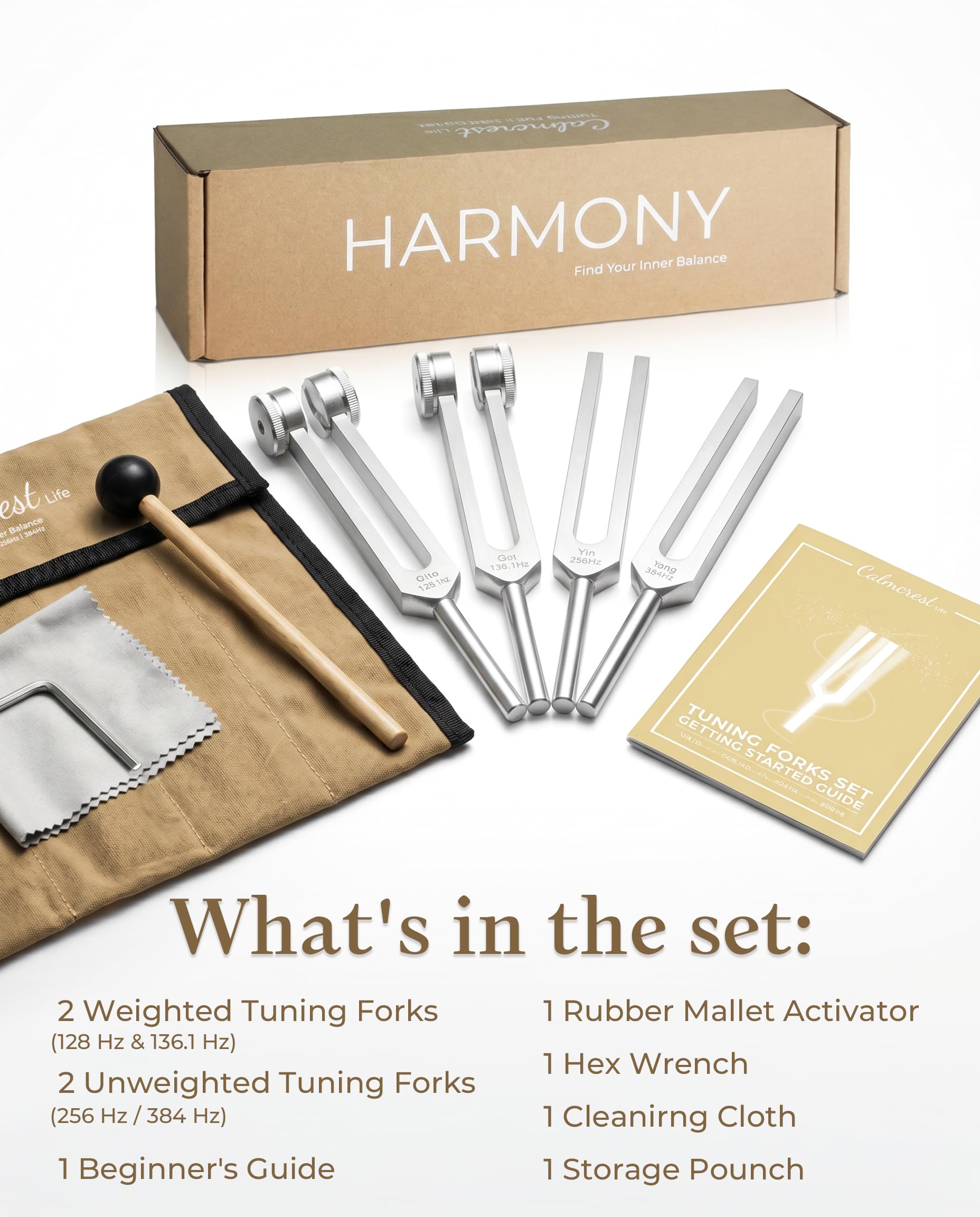 Harmony Stimmgabeln für Heilung Set (128Hz 136.1Hz 256Hz 384Hz) | Weighted & Unweighted Pure Frequencies Stimmgabeln mit Anfängeranleitung, Schlägelaktivator, Samtbeutel für Klangheilung