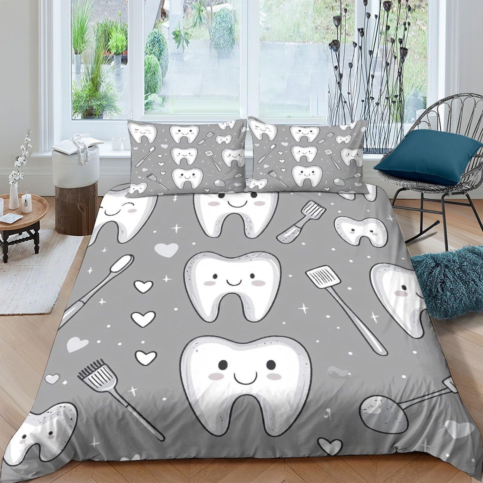 Ctjqhvkz Style-10 3D Printed Cute Tooth Fitted Sheet Microfiber Grey Cartoon Smile Bed Cover For Bedroom Dorm Mattress Protection Decor Single（135X200cm）