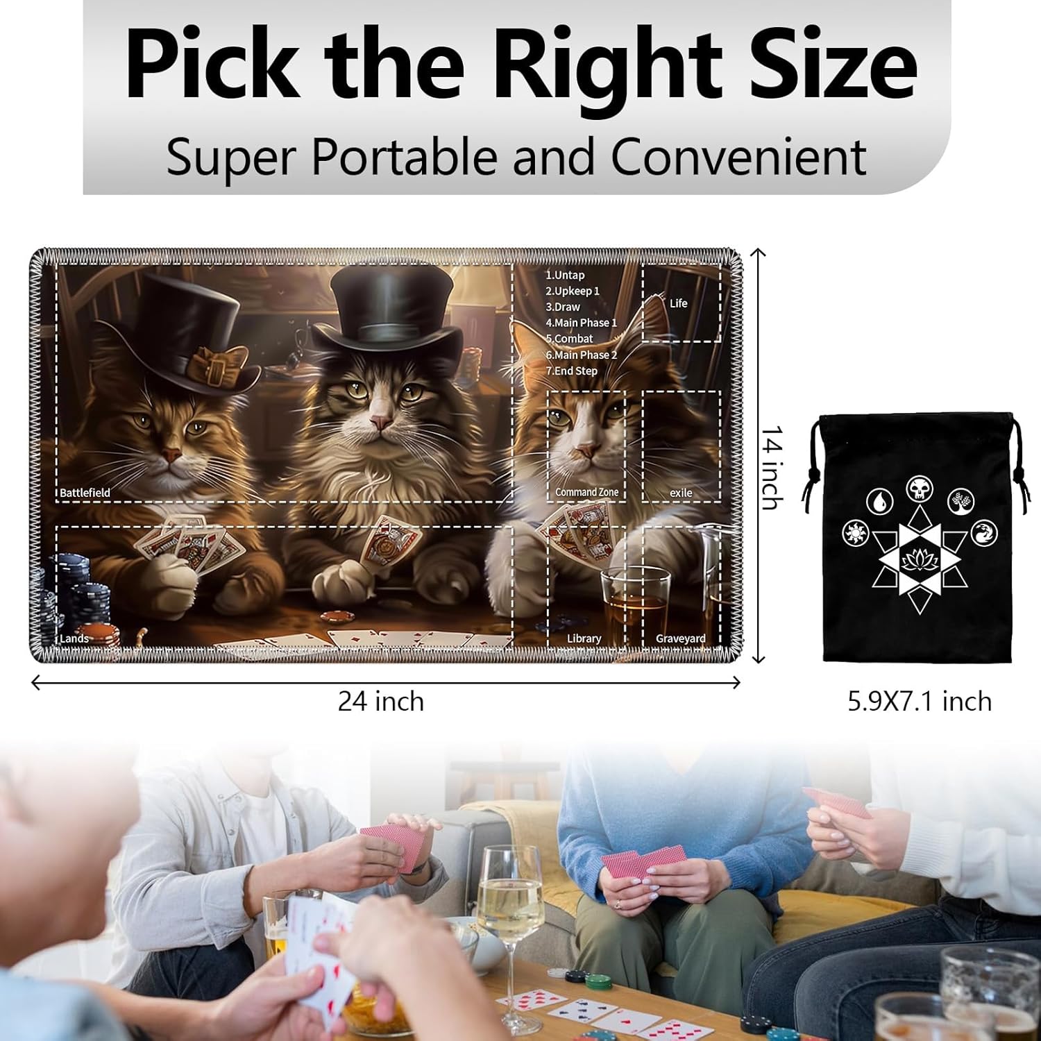 MTG Playmat with Play Zones,Cats Playing Cards Design - 24x14 Professional TCG Game Mat with Stitched Edges & Storage Bag,Non-Slip Rubber Base, for Magic The Gathering Players