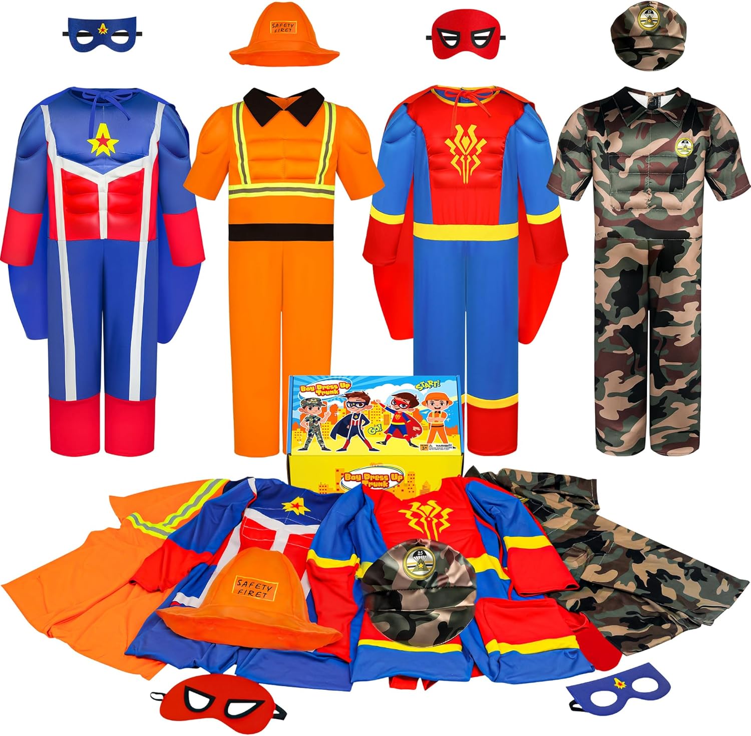 Teuevayl Boys Muscle Chest Dress Up Costumes Trunk: Superhero, Construction Worker, Military Outfits for Kids Ages 3-7 Pretend Play