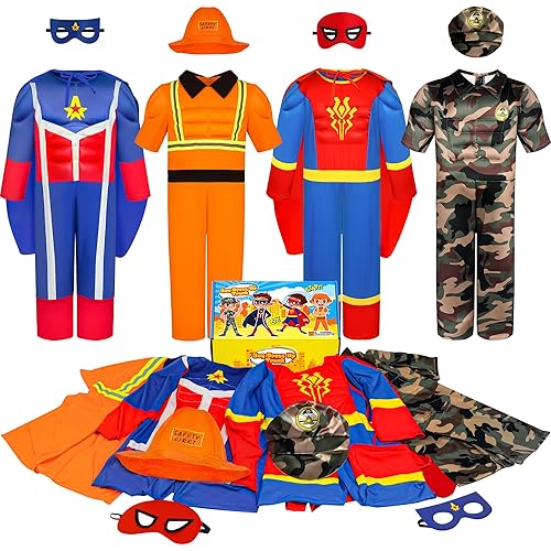 Boys Muscle Chest Dress up Costumes Trunk with Superhero, Construction Worker, Military Costume, Kids Pretend Role Play Costumes Set, Boys Dress up Clothes for Kids Ages 3 4 5 6 7