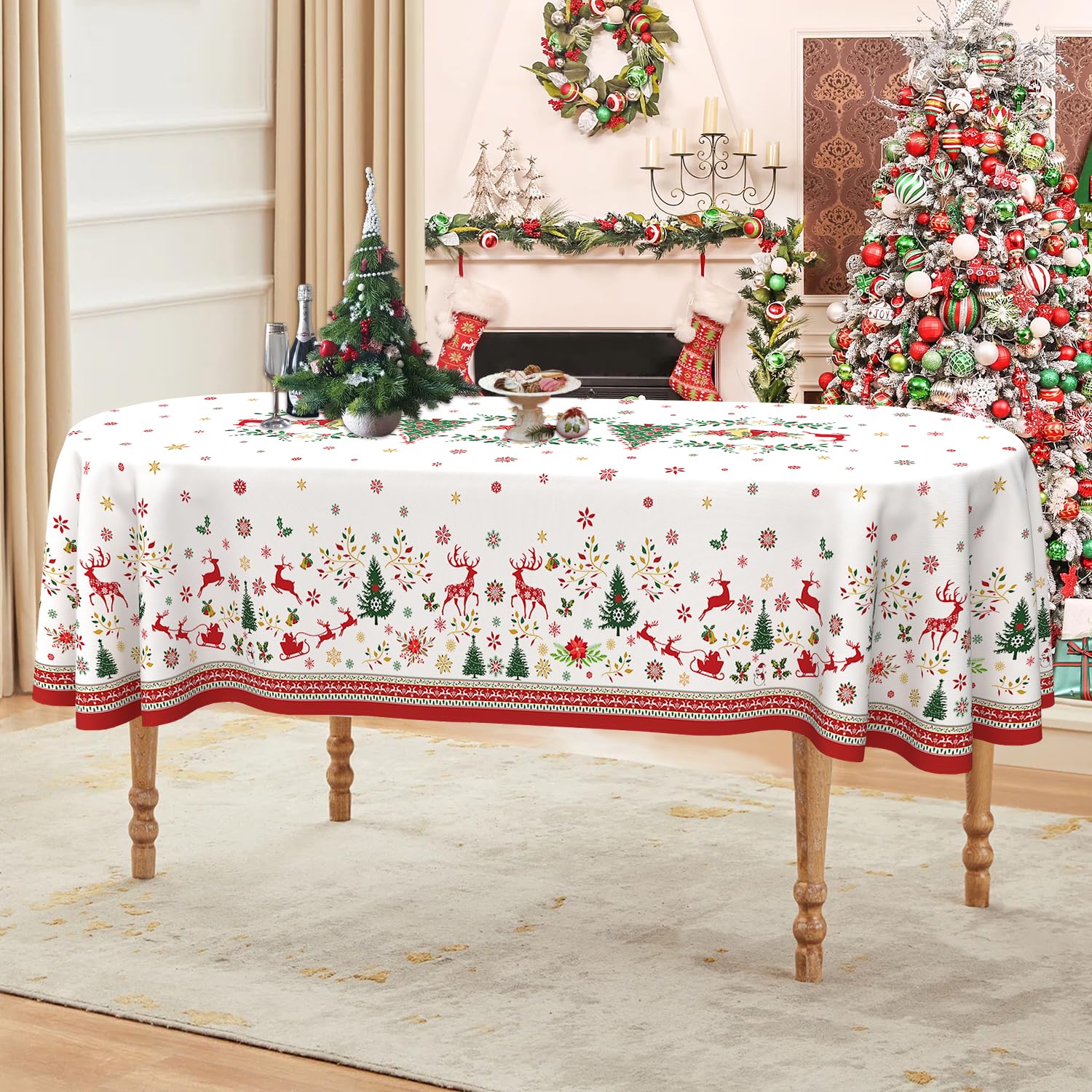 Sonalied Christmas Elements Oval Christmas Tablecloth 52X70 Inch, Waterproof Farmhouse Holiday Xmas Christmas Table Cloths Oval