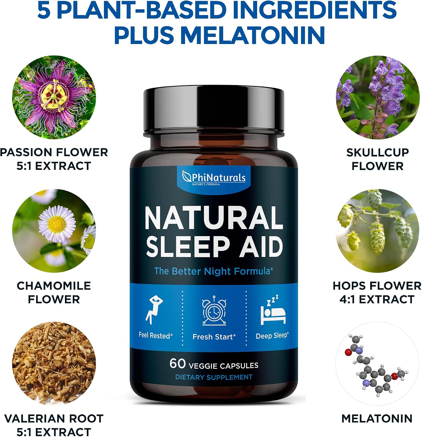 Natural Sleep Aid with Melatonin – [60 Capsules] Fast Acting Non-Habit Forming Holistic Supplements for Adults – GABA, Valerian, Passion Flower, Skullcap & Chamomile
