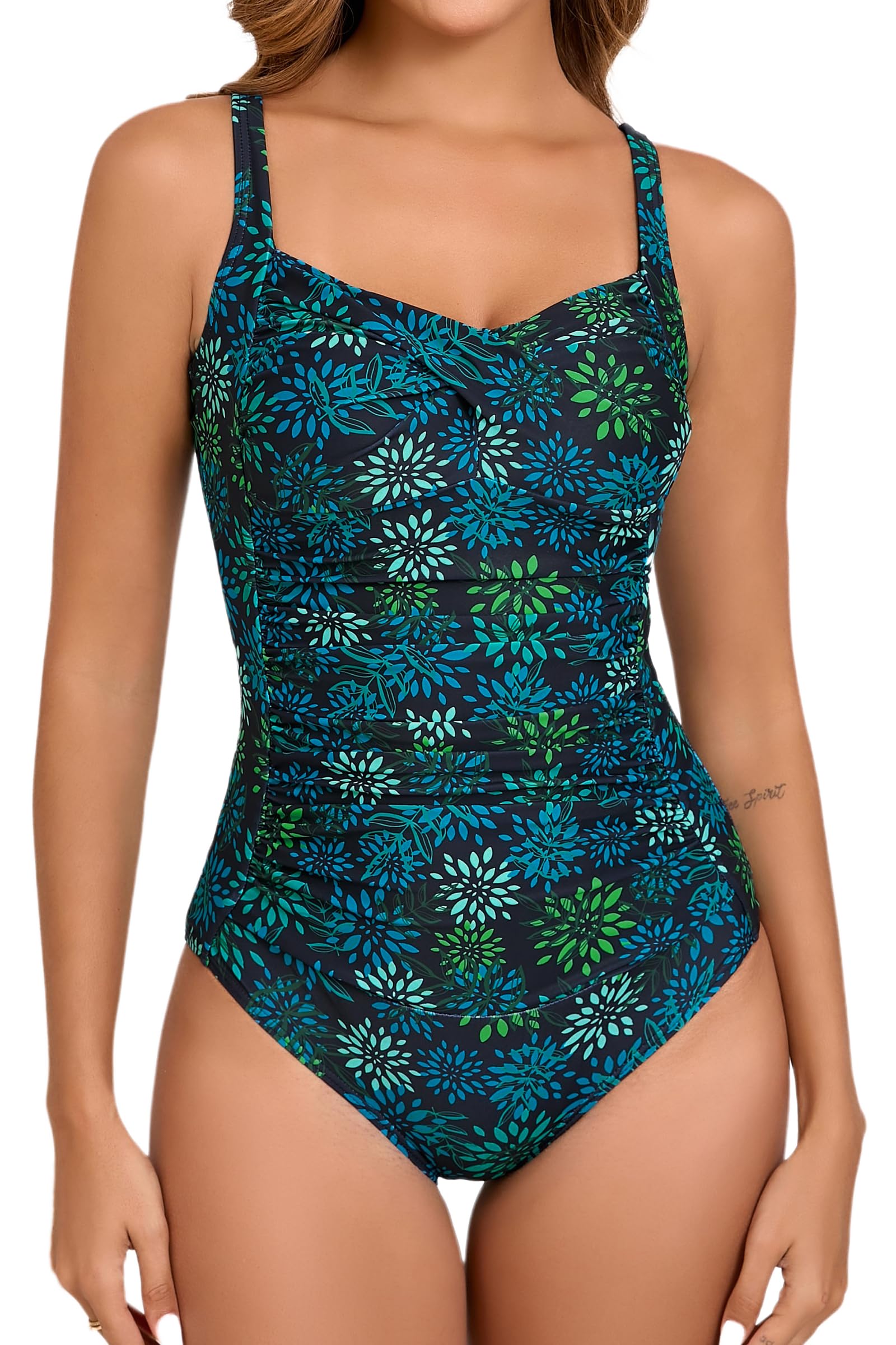 Itzel Womens Ruched Twist Front One Piece Swimsuit Tummy Control Push Up Vintage Retro Bathing Suits