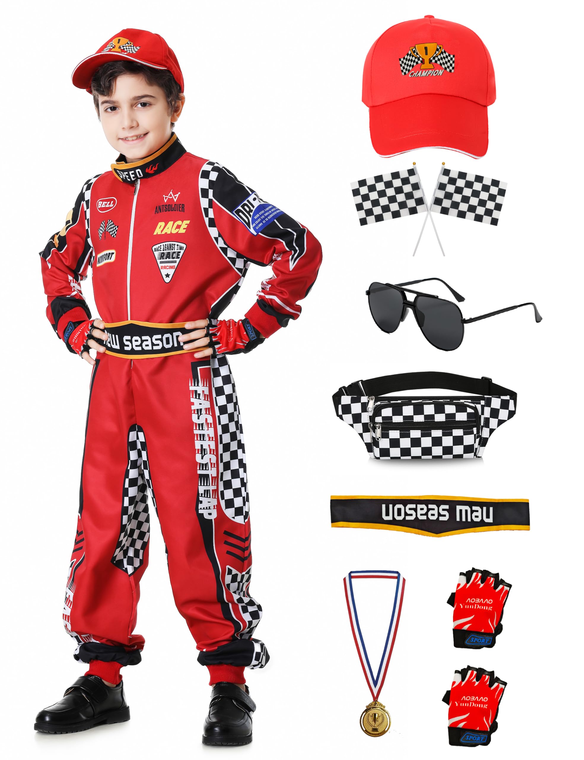 aicoaub Race Car Driver Costume Boys Racer Jumpsuit Kids with Sunglasses Cap Medals Waist Bag Flag for Toddler Carnival Dress up