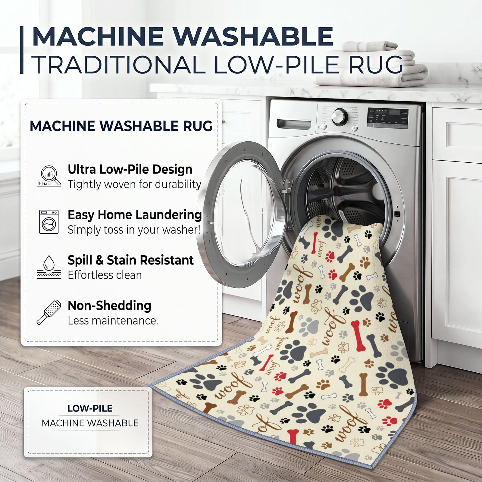 Generisch Hundepfotenabdruck Hundeknochen Waschbarer Teppich Wohnzimme 160x230 cm, Weich Kurzflor rutschfest Modern Lustig Cartoon Teppich für Schlafzimmer Esszimmer Büro