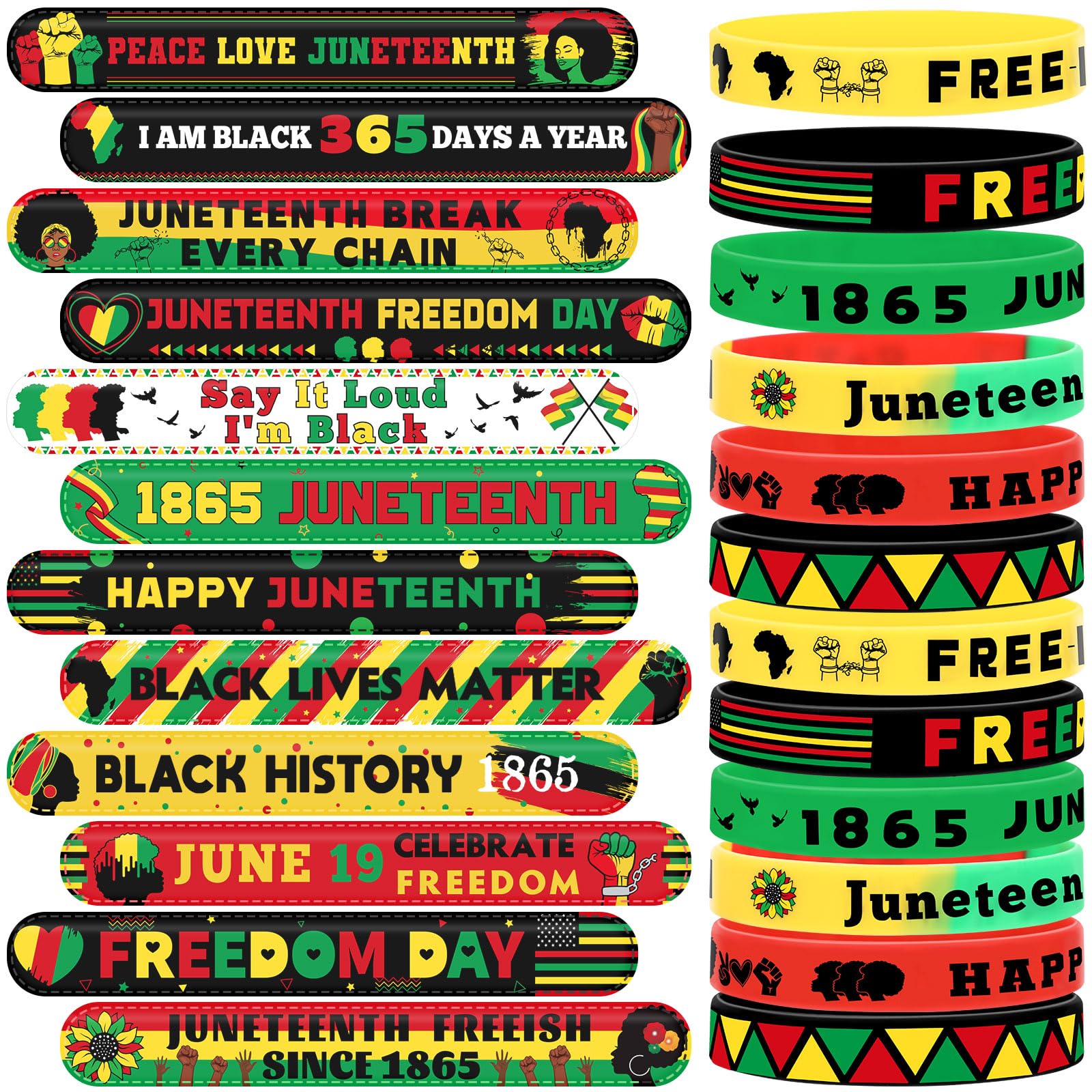JUNEBRUSHS 50Pcs Happy Juneteenth Party Favors, Slap Bracelets and Silicone Wristbands Bracelets in Bulk for Adult Juneteenth Gifts Accessories