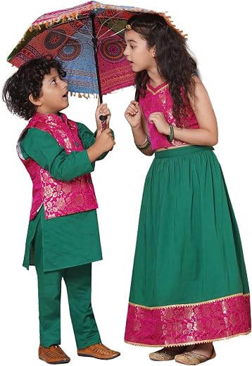 AJ DEZINES Siblings Matching Outfits Bhai Behen Banarasi Printed Boys Kurta Set & Girls Lehenga Choli For Kids