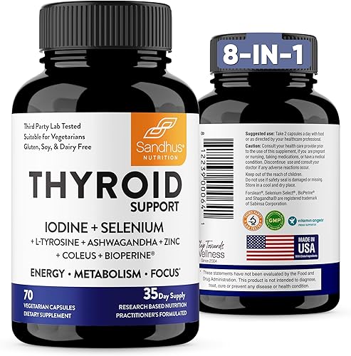 Sandhu's Complejo de apoyo tiroideo con selenio 200mcg Zinc 20 mg yodo 150mcg L Tirosina 300 mg Ashwagandha 150 mg Suplemento tiroideo puro para
