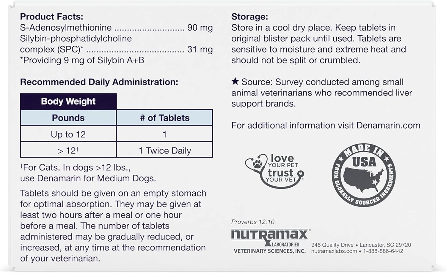 Nutramax Denamarin Liver Health Supplement for Small Dogs and Cats - With S-Adenosylmethionine (SAMe) and Silybin, 30 Tablets : Pet Health Care Supplies : Pet Supplies