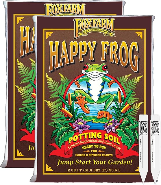 FoxFarm Happy Frog Potting Soil with 2 Plant Tags, 2cu ft (2 Pack) | Ready-to-Use Amended Container Blend with Soil Microbes, Earthworm Castings, Bat Guano, and Aged Forest Products