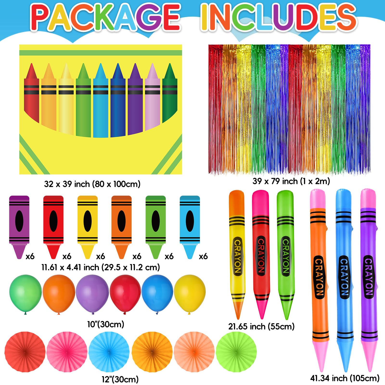 85 Stück Buntstifte, Halloween-Dekoration für Kofferraum oder Leckereien, bunte Buntstifte, Hintergrund, aufblasbare Buntstifte, Regenbogen-Folie, Fransenvorhang, Papierfächer, Luftballons, Aufkleber