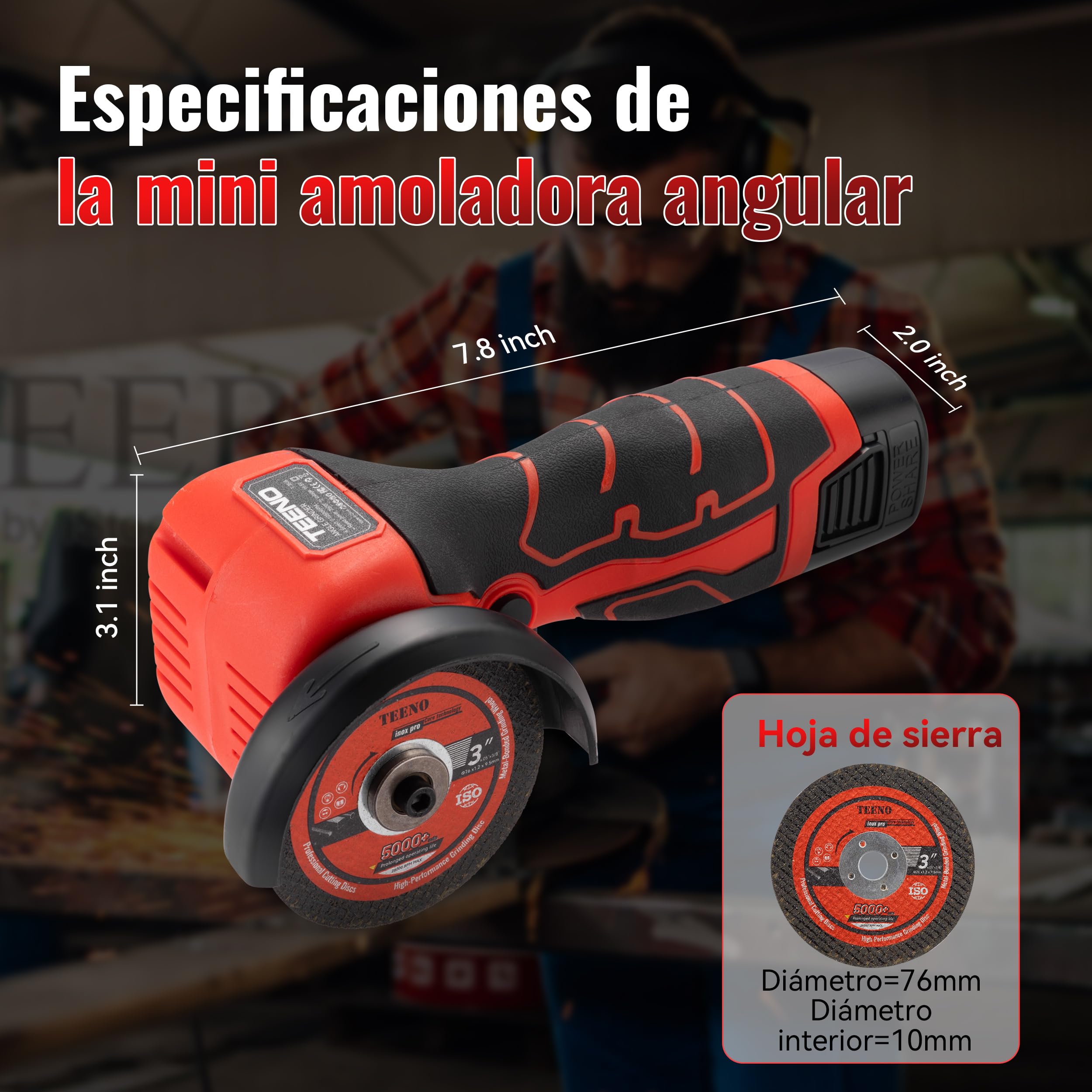 TEENO Mini Amoladora Angular Inalámbrica 16,8V, Radial de Batería 76 mm 19.500 RPM, Kit con 2 Baterías 2000 mAh, Cargador, 6 Discos y Maletín, para Cortar, Lijar y Pulir