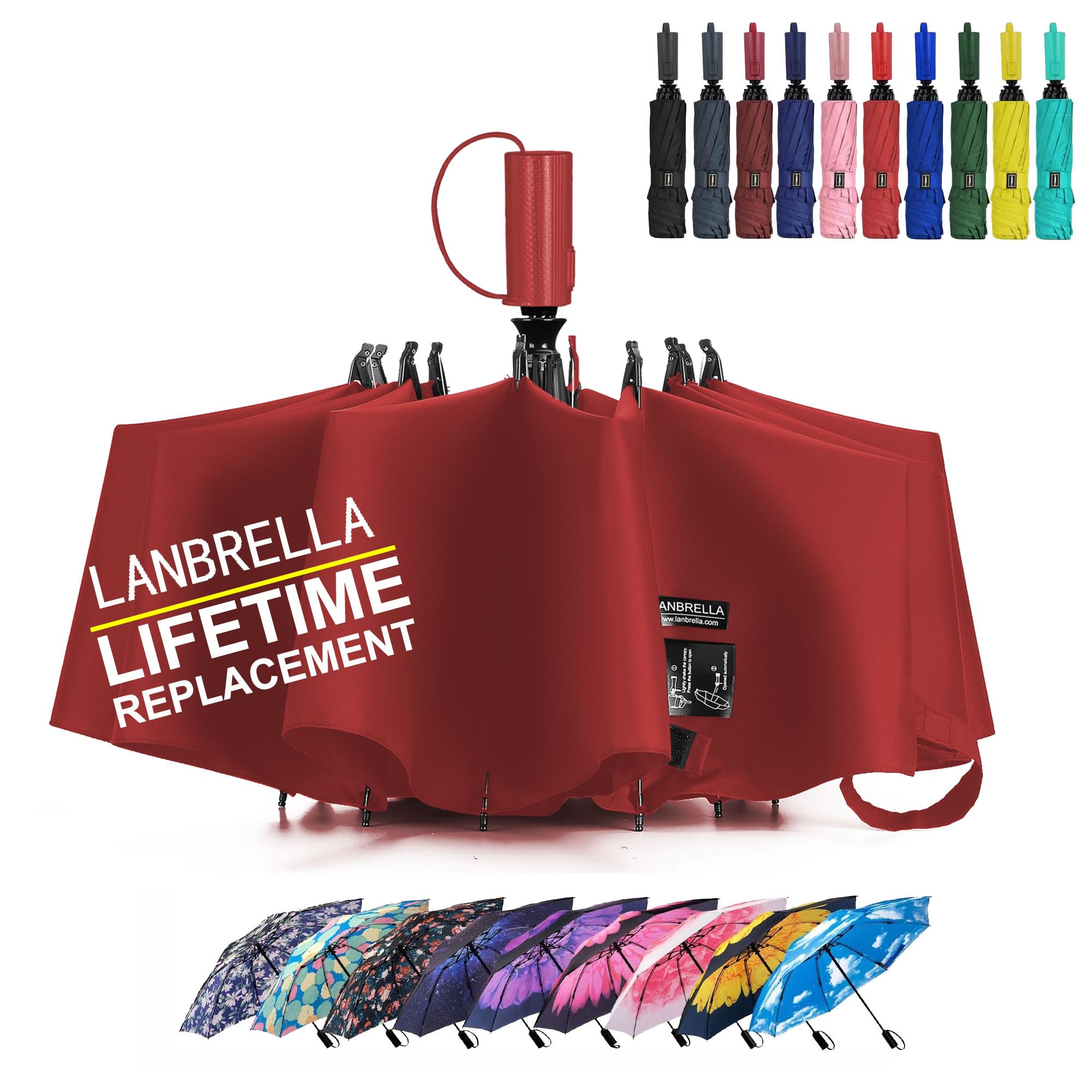 LANBRELLA Compact Reverse Folding Umbrella Auto Windproof Travel Umbrella