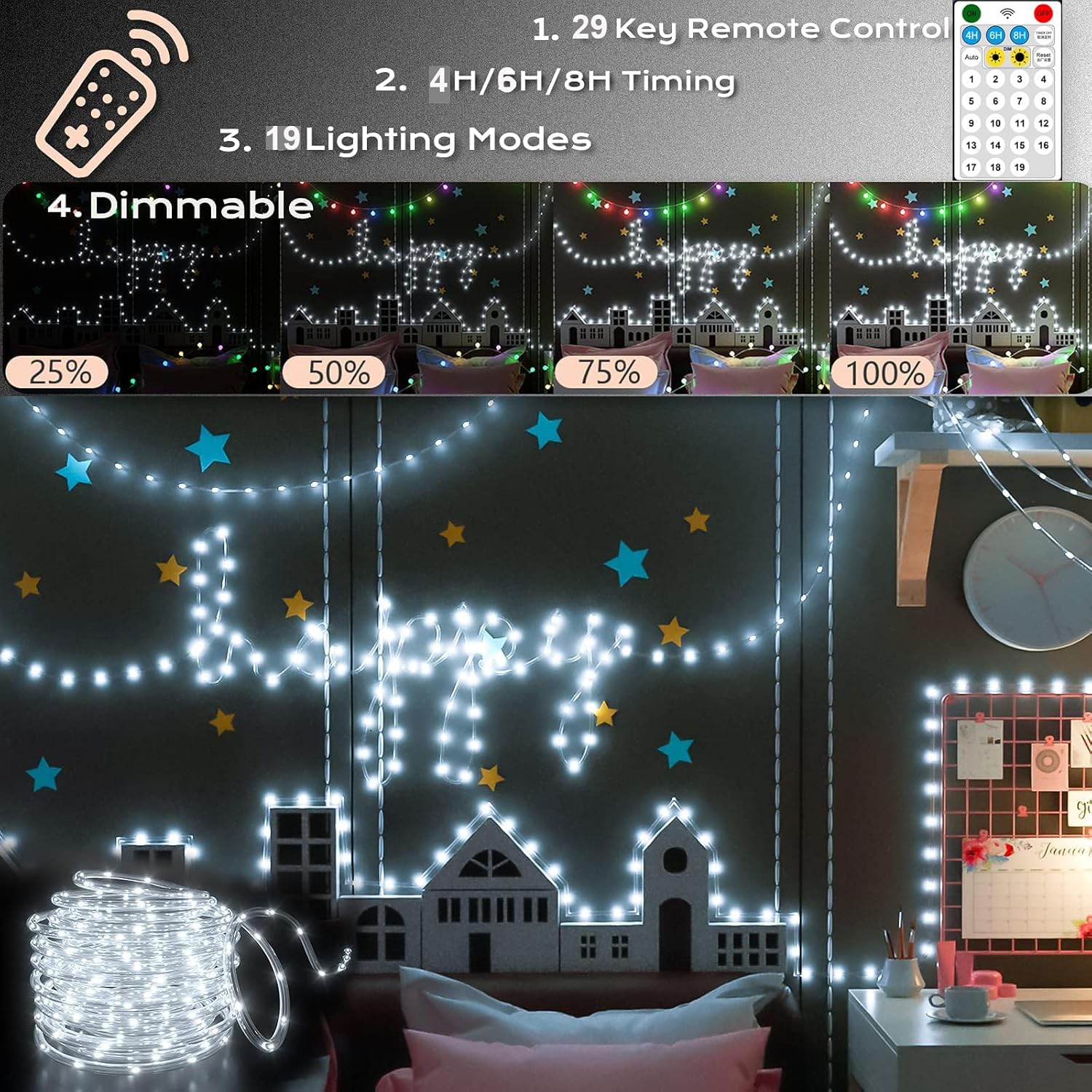 Tira de luces solares mejoradas para exteriores, 500 LED, 170 pies, 19 modos, luces solares y recargables por USB, con temporizador remoto, regulable, impermeable, para jardín, camping, camino