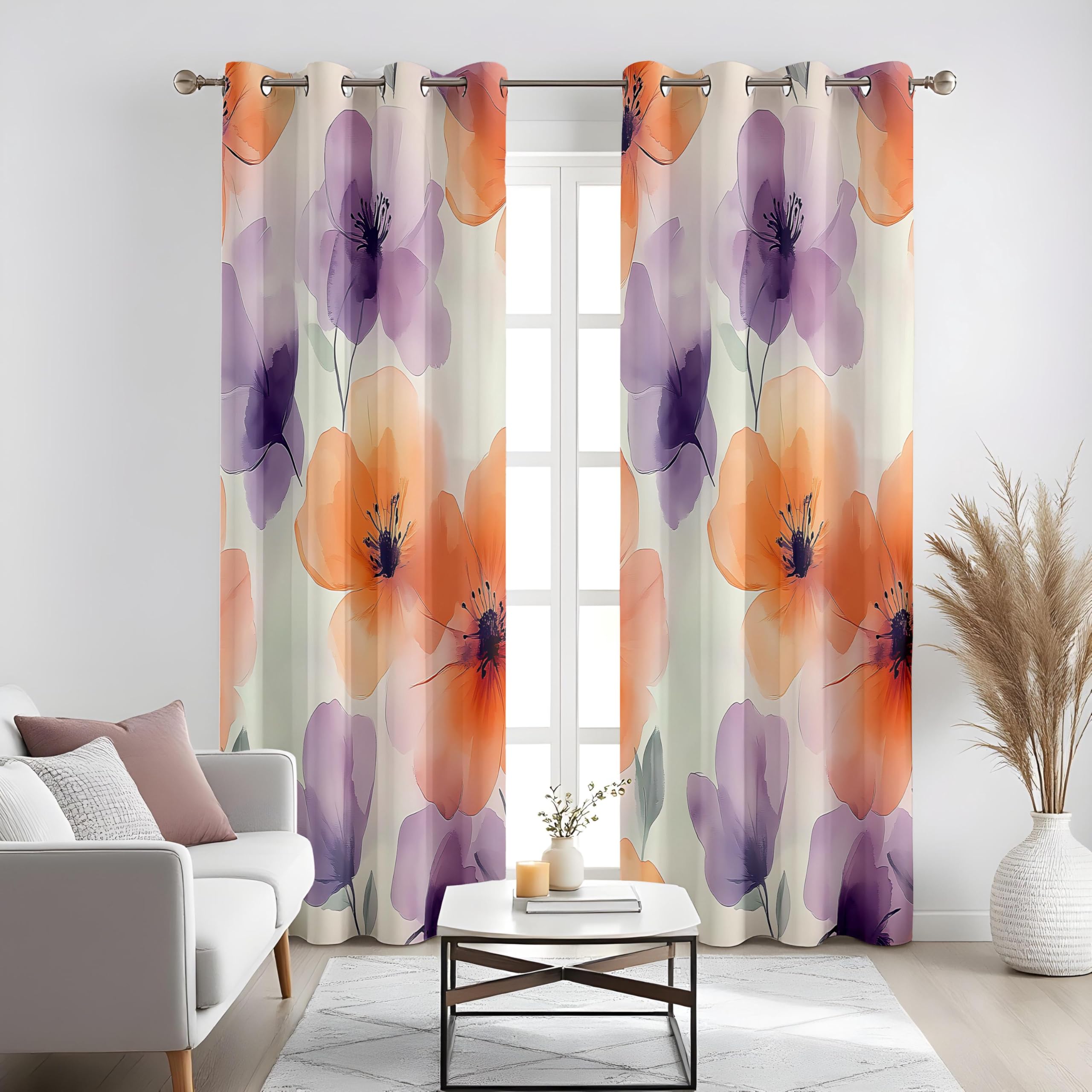 Rideaux occultants à Motifs Floraux Orange et Violet, Panneaux de fenêtre à Fleurs Aquarelle pour Salon, Rideaux artistiques pour Chambre (L x H / 2 x 150 x 300 cm)