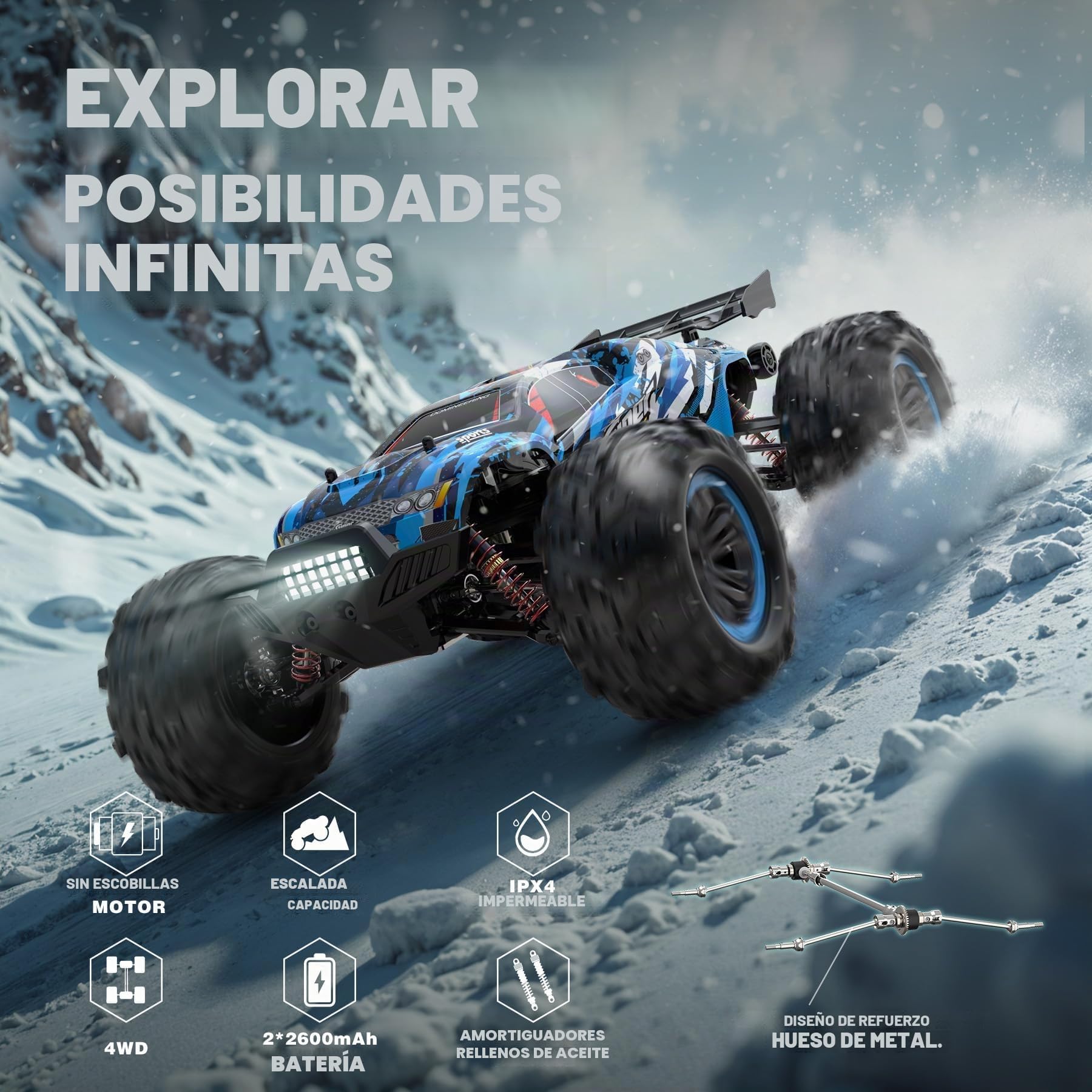 Hosim 1:10 Coche de Control Remoto sin Escobillas RC Coche Offroad 1/10 4WD, 68+ km/h, Camión RC Monster Truck Drift Offroad Grado Hobby con 2 Baterías 40+ Minutos de Tiempo de Juego para Niños