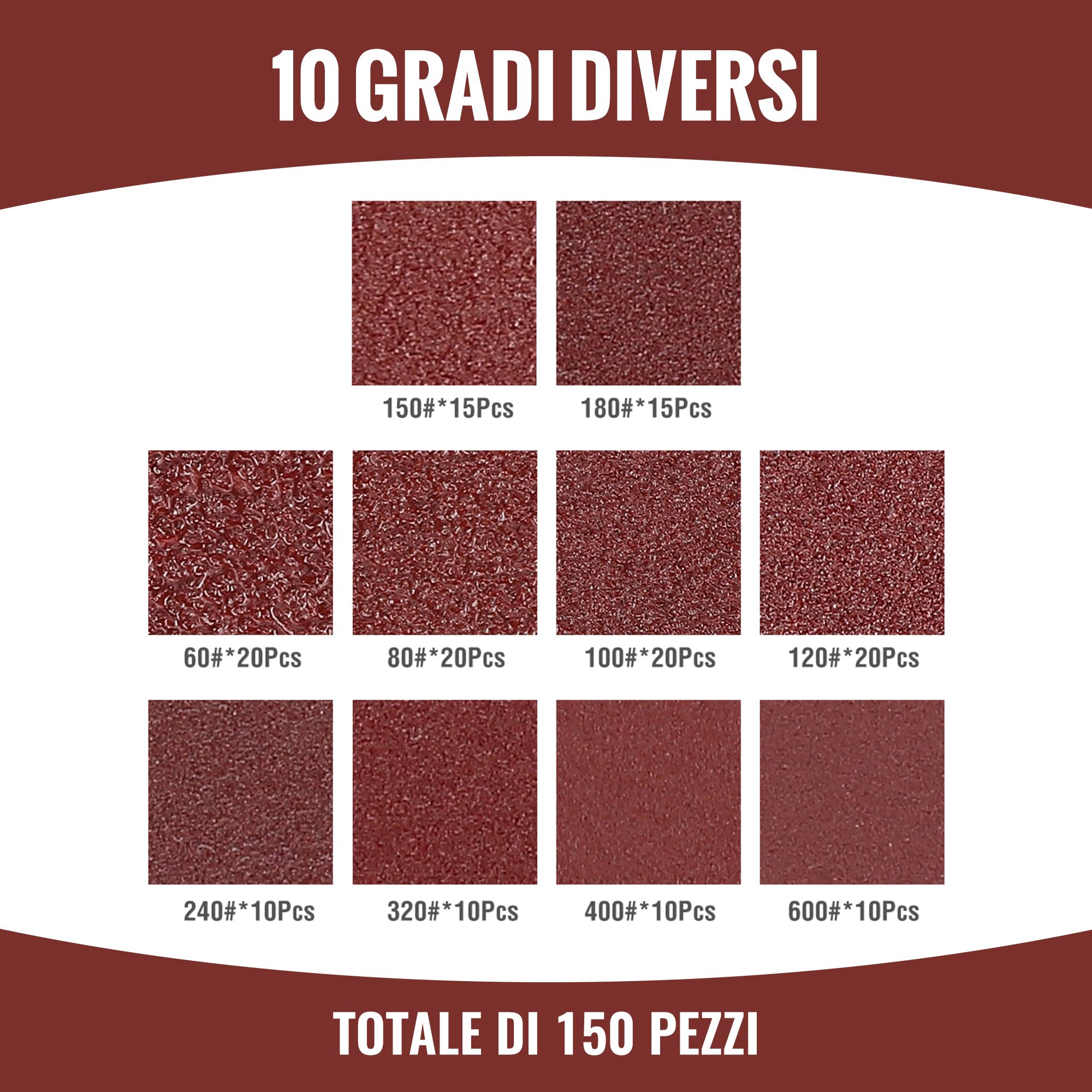 WORKPRO 150 Pezzi Dischi Abrasivi 125mm, Carta Vetrata per Legno con 8 Fori, Grana 60,80,100,120,150,180,240,320,400,600 Carta Abrasiva per Levigatrice Orbitale per legno