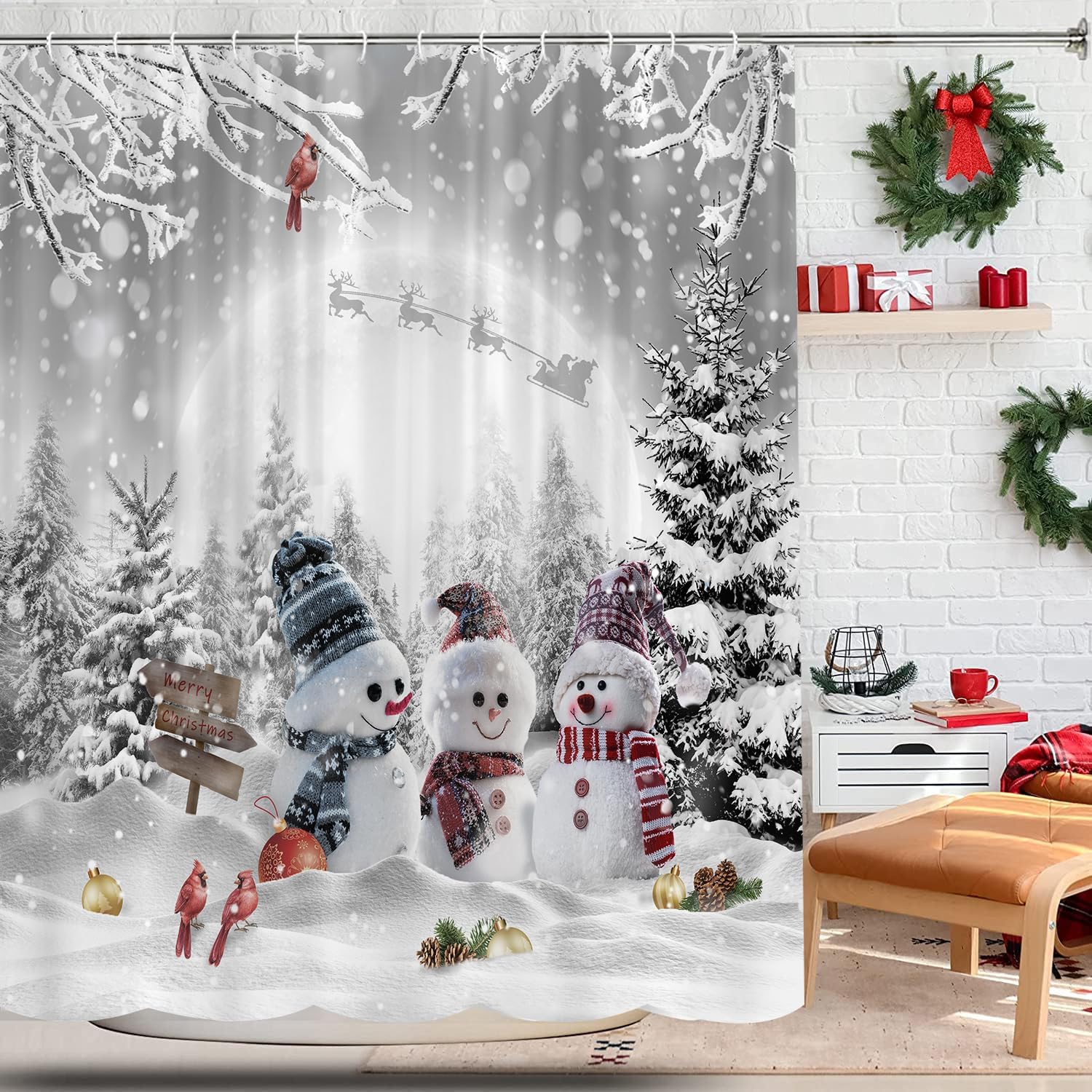Winter Christmas Snowman Shower Curtain, Cute Snowman and Pine Trees Snowflake Birds Grey Gray Winter Forest Scene Shower Curtain Set, Xmas Holiday Bathroom Curtains 12PCS Hooks, 70X75IN Grey Gray