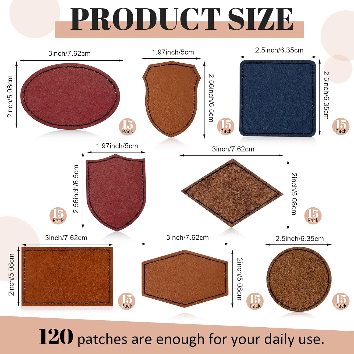 Giegxin 120 Pieces Rustic Leatherette Hat Patches with 8 Types of Shape Laser Engraving Blanks Patch Adhesive for Fabric Faux Leather Patch Repair Sewing Repair Patches (Elegant Color)