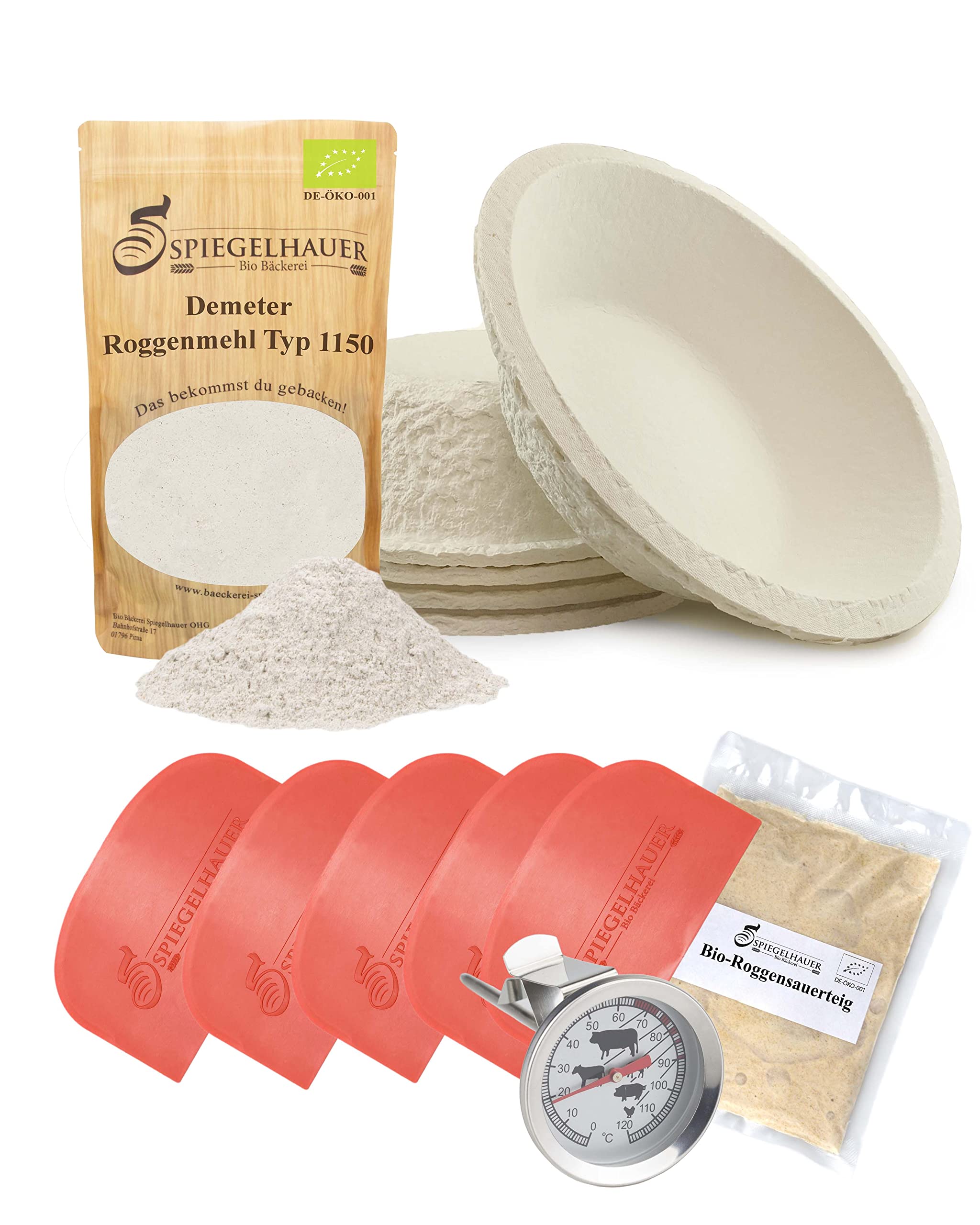 Bäckerei Spiegelhauer Sauerteig Starter Set Roggensauerteig 300 g, 5 Teigschaber, Einstechthermometer, Demeter Roggenmehl Typ 1150 1 kg, 5 Gärkörbchen rund