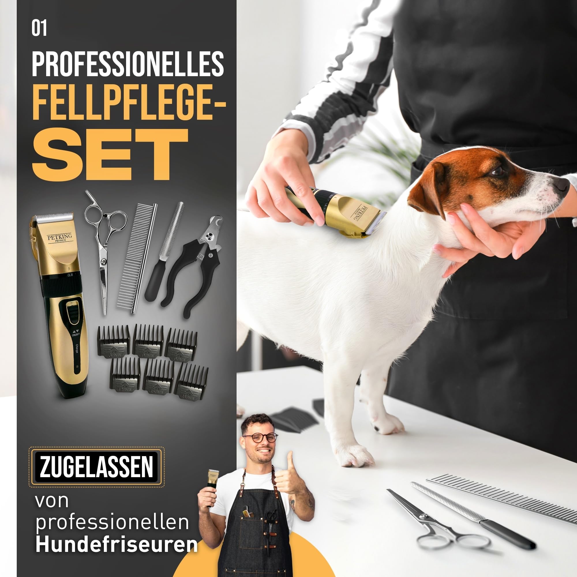 PetKing Premium Hundeschermaschine Profi – Leise Kabellose Tierhaarschneidemaschine mit Titanklinge für Hunde & Katzen, Langhaar, dickes & verfilztes Fell, Hund Katze Schermaschine Set