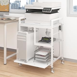 Home Printer Stand with Charging Station, 24x18 Inches Stands for Large Printer, Printer Shredder Stand with Storage for Home Office, Table for Fax Machine/PC Tower (White)