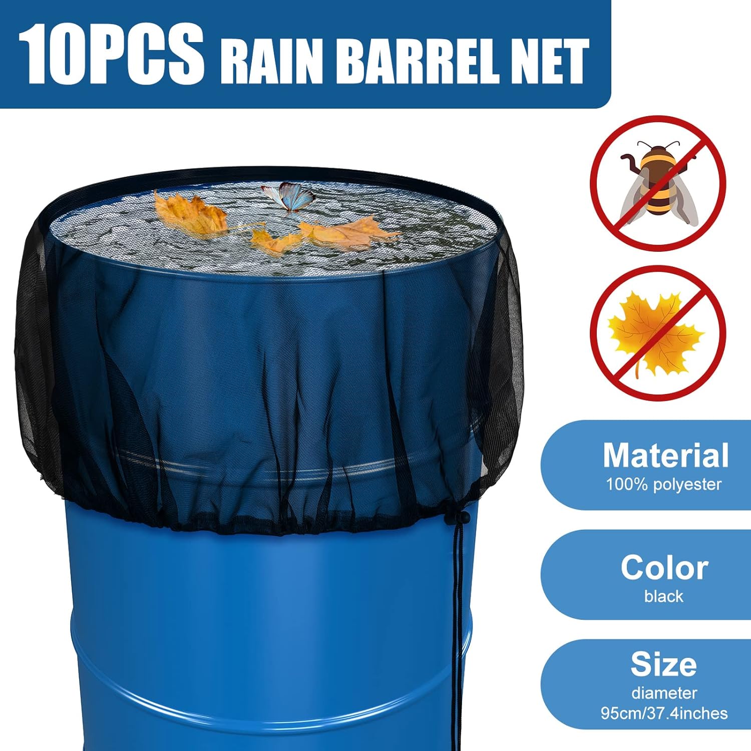 10 Pcs Mesh Cover for Rain Barrels to Collect Rainwater from Gutter Rain Barrel Stand with Drawstring Water Collection Bucket Netting Screen to Keep Leaves and Debris Out for Outdoor Garden 37.4 Inch