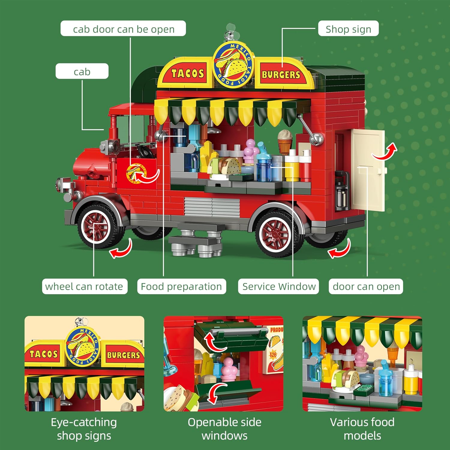 615 PCS Food Truck Building Blocks Set, City Street Taco & Burger Truck Playset with Table and Accessories, Creative Construction Toy for Kids Ages 6+