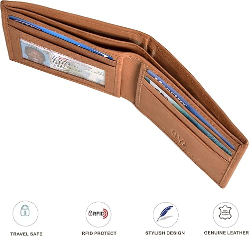 Miniatura 3 de VALENCHI Cartera plegable de cuero genuinoreal para hombres - Bloqueo RFIDcartera delgada para hombre protegida, Lavado Bronceado BF01, Pequeña,