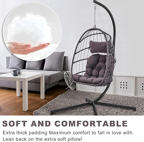 Miniatura 4 de Silla colgante de mimbre para interiores y exteriores, silla de columpio para patio, silla de huevo de patio, cojín resistente a los rayos UV, marco