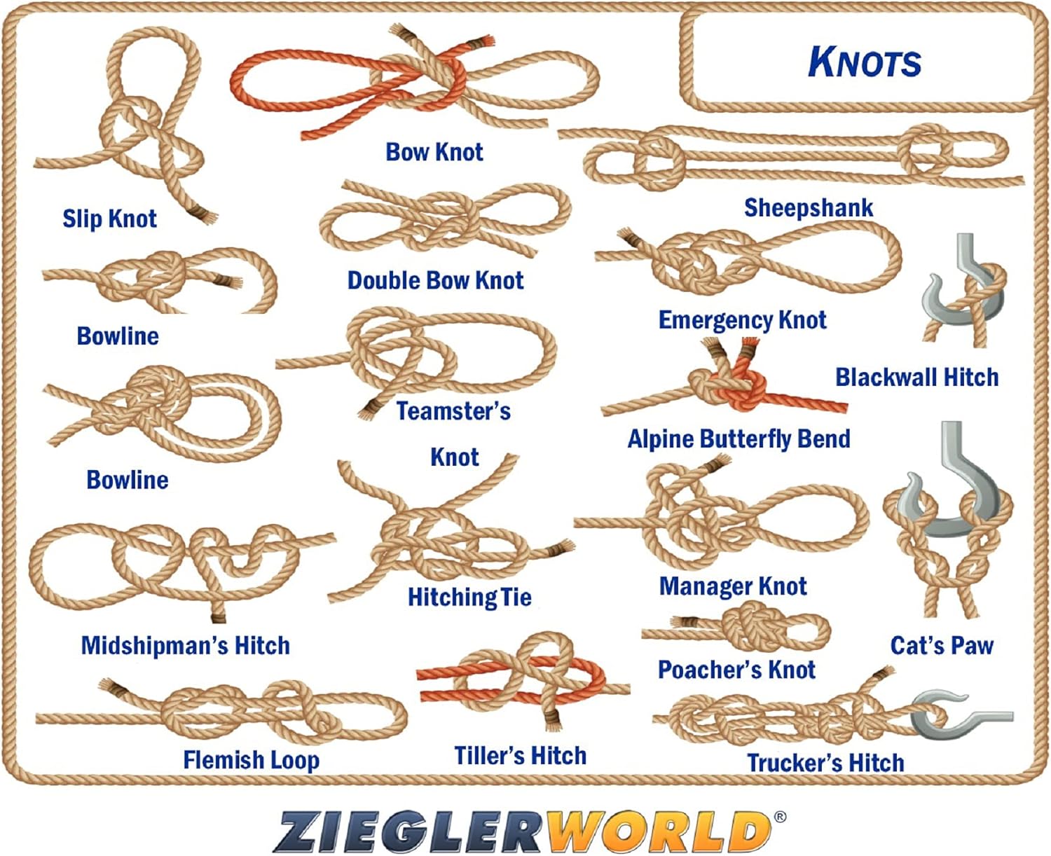 Zieglerworld Laminated Essential Knot Guide - Basic and Advanced Knots for Camping, Boating & Outdoors - How to Tie Knots - Double Sided