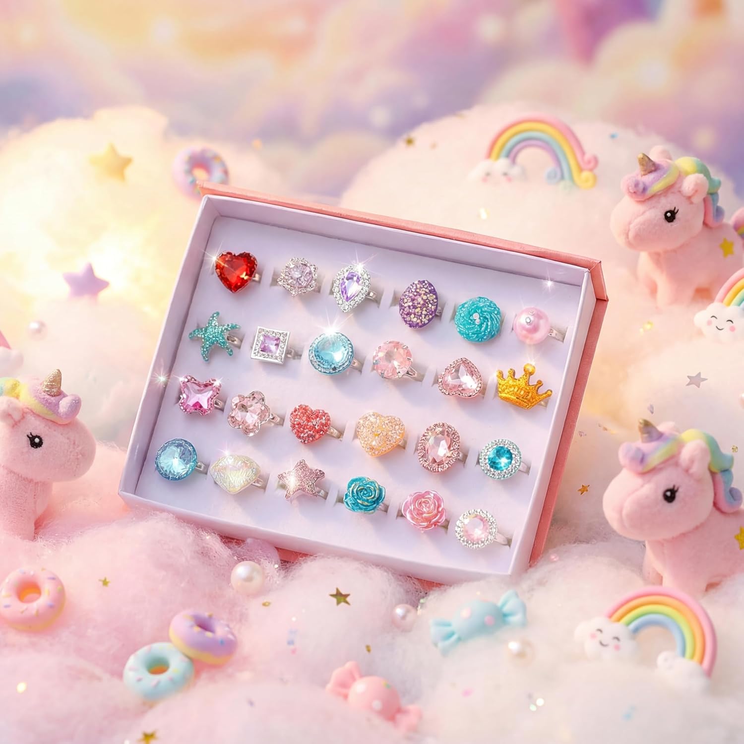 PASEMM 24pcs Little Girl Jewel Rings, Adjustable, No Duplication Kids Play Ring in Box,Pretend Play and Dress Up Rings for 4-12 Year Old Girl Birthday Christmas Gifts,3 4 5 6 7 8 9 10 11 12 Year Old