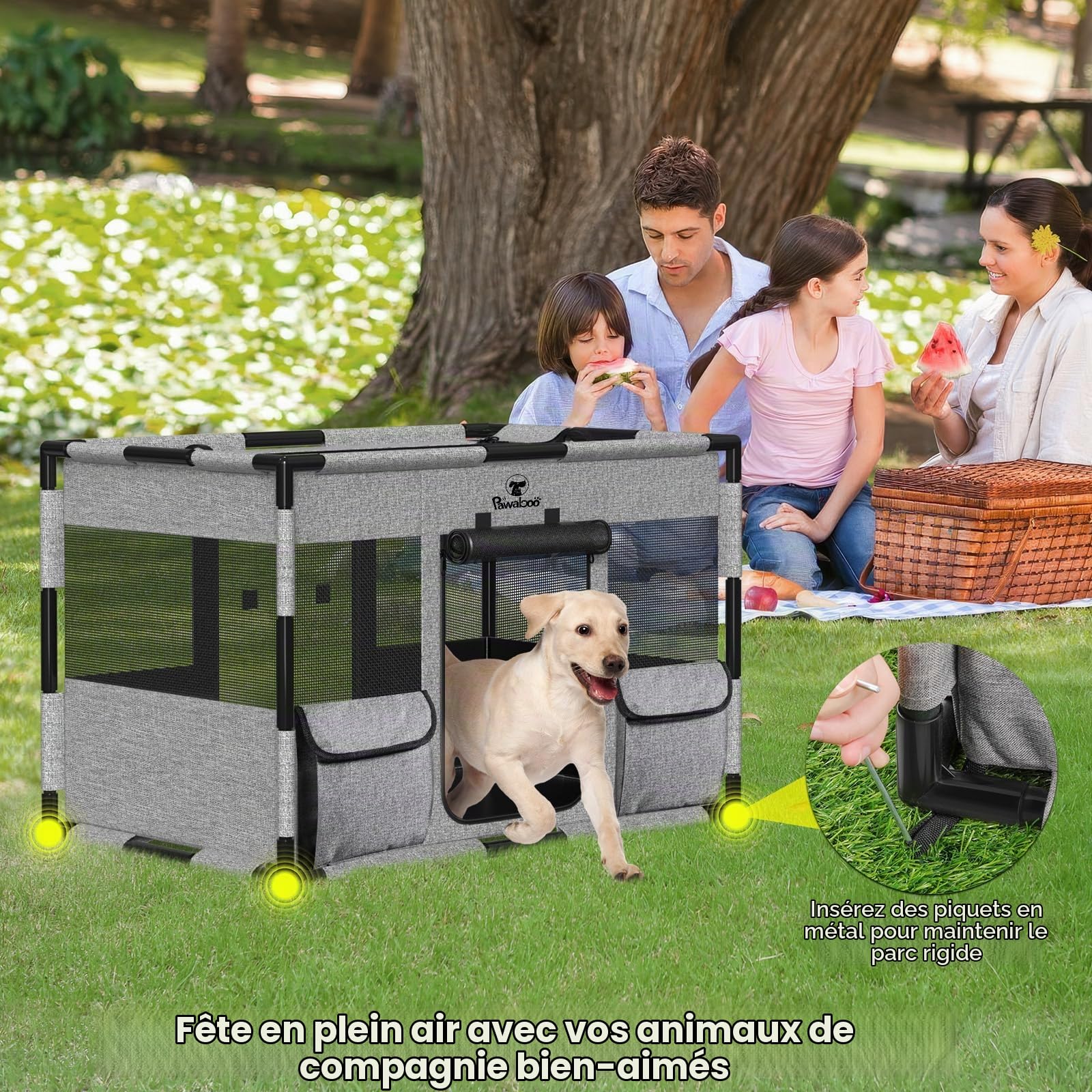 Pawaboo Parc Chien Portable avec Toit et Porte L, Gris/Noir | Fabriqué en tissu Oxford 600D imperméable avec maille respirante, poches et sac de transport.