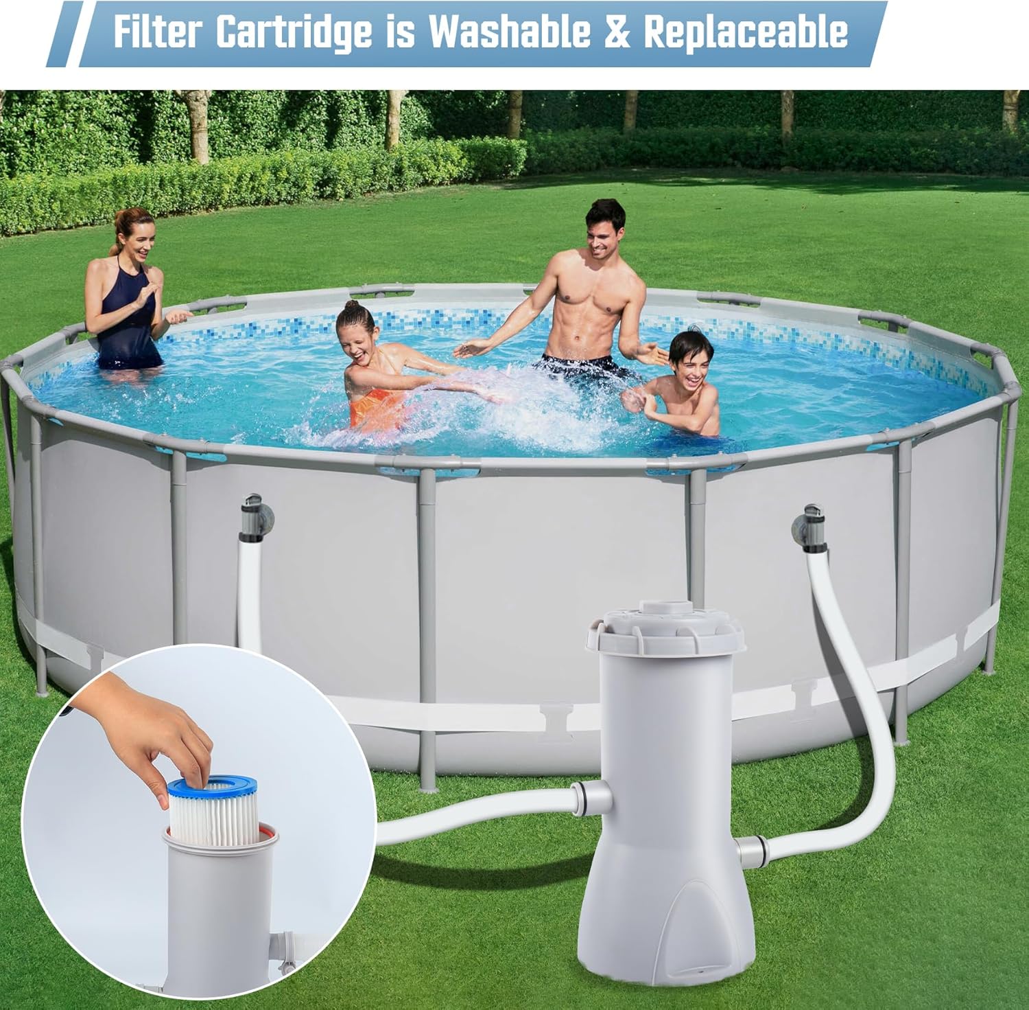 1000 Gallons Above Ground Pool Filter Pump, Efficiently Swimming Pool Cartridge Filter Pump, 1000 GPH Pool Water Pump Filter, Above Ground Pool Cartridge Filter and Water Circulation System