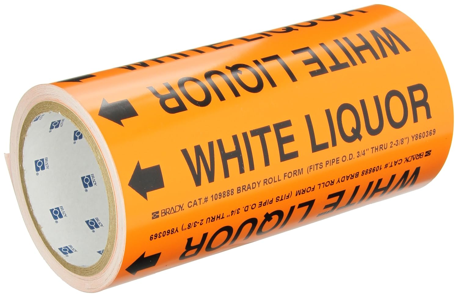 Brady 109888 Roll Form Pipe Marker, B-946, 8" X 30', Black On Orange Pressure Sensitive Vinyl, Legend "White Liquor"