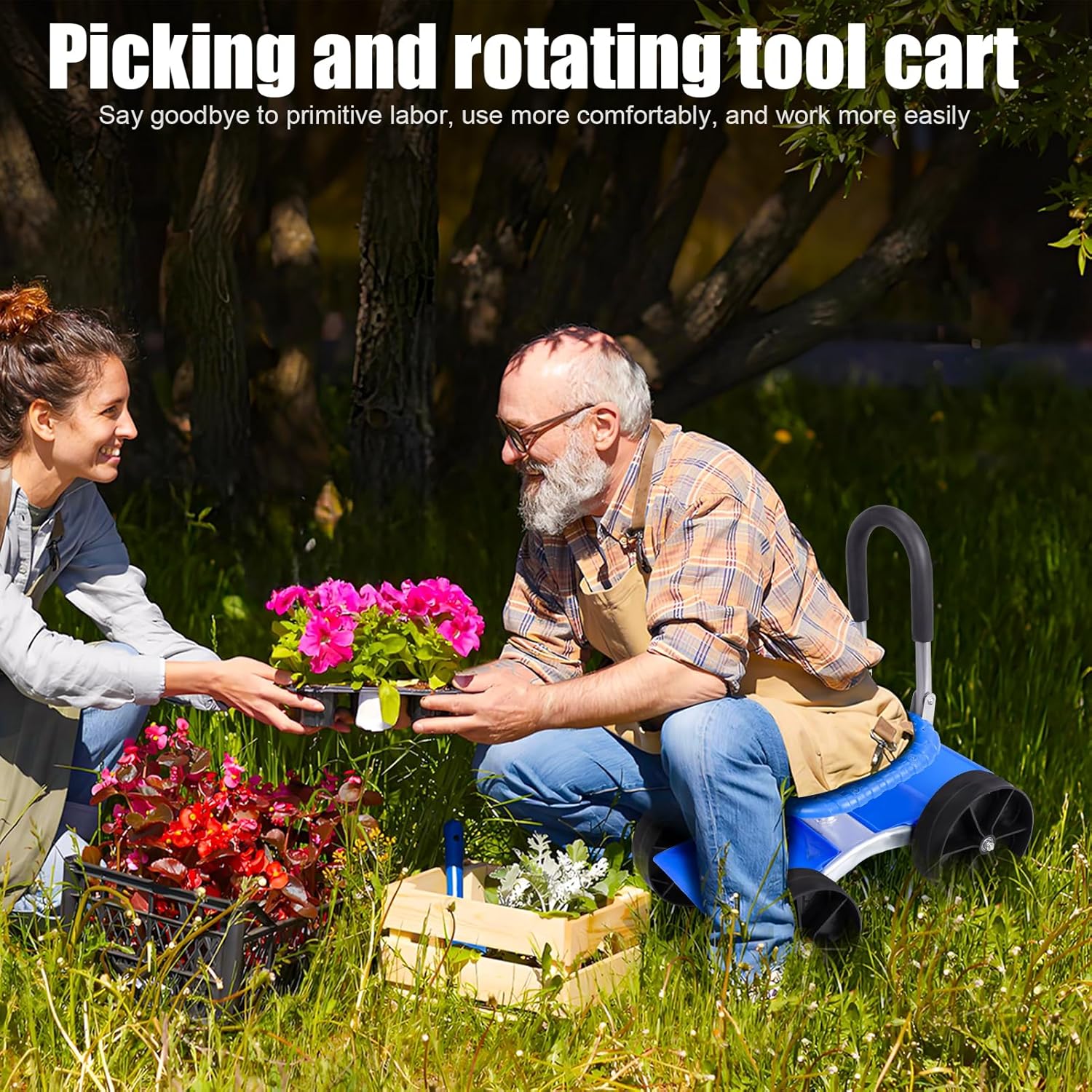 Grebest Rolling Garden Cart with Seat, Heavy-Duty Garden Workseat with Adjustable Swivel Seat, Flat-Free Tires, Tool Storage, Gardening Stool for Planting, Weeding, Yard Maintenance Blue