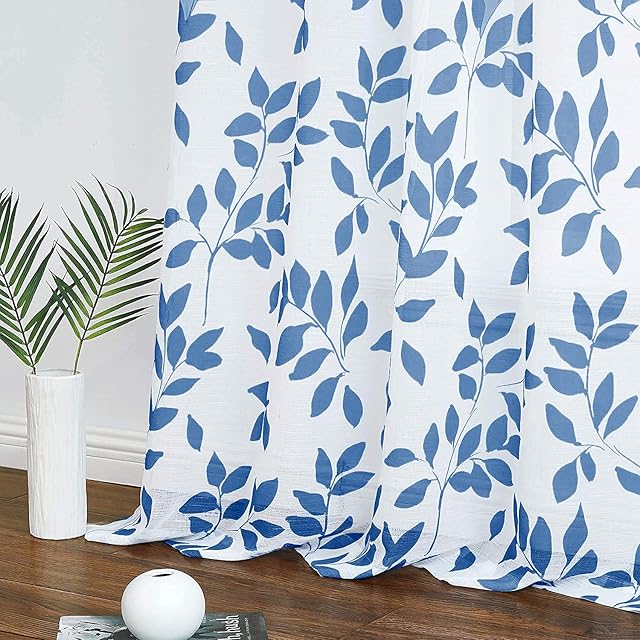 Blue and White Sheer Drapes for Bedroom Kids Room Linen Textured Semi Sheer Curtains Light Filtering Modern Leaf Print Navy Sheer Curtain Panels for Nursery Play Room, 50 W x 54 L , 1 Pair