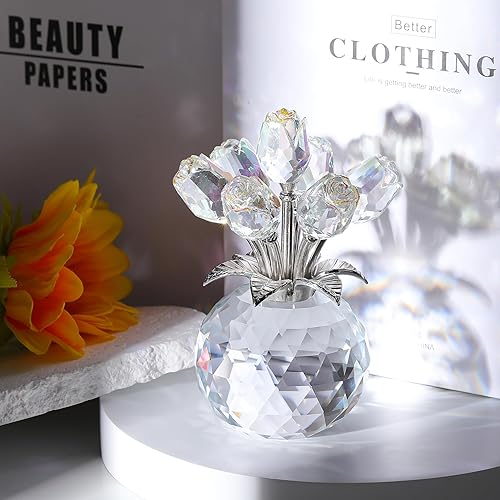 Miniatura 2 de Figura de cristal de rosa transparente con jarrón, adorno de ramo de flores, regalo para esposa, novia, mujer, flor de cristal hecha a mano,
