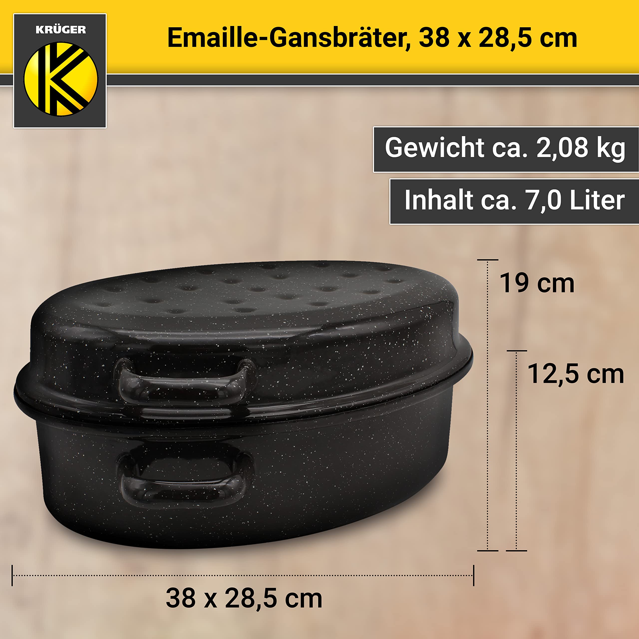 Krüger Emaliowana patelnia do pieczenia gęsi, z pokrywką, wysokiej jakości naczynie do pieczenia, nadaje się do wszystkich rodzajów kuchenek, doskonała do smażenia i drobiu (czarno-białe cętkowane, 38 x 28,5 cm)
