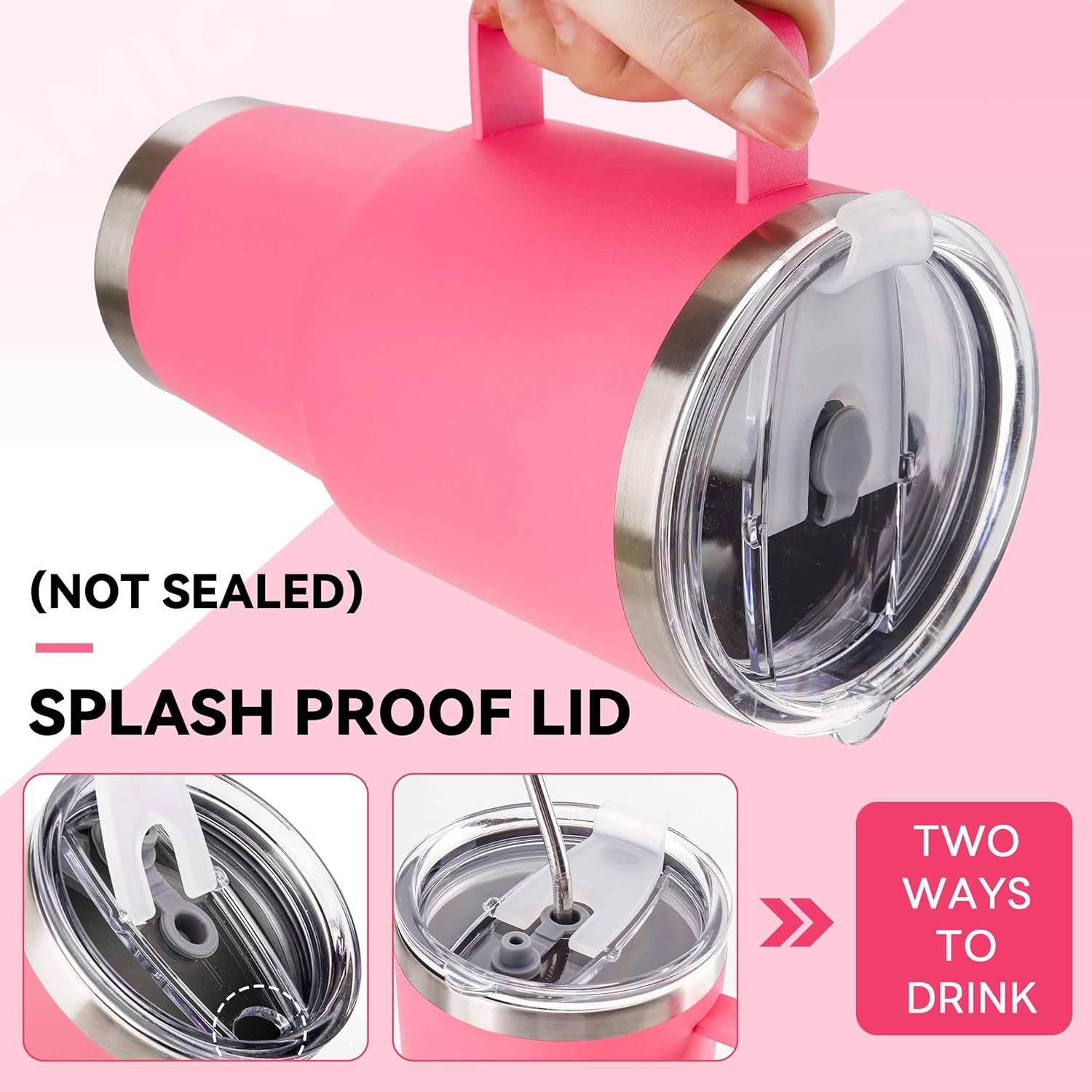 30 oz Tumbler With Handle, Double Wall Stainless Steel Vacuum Insulated Travel Mug with Splash-Proof Lid Metal Straw and Brush (Bright Pink) - Image 3