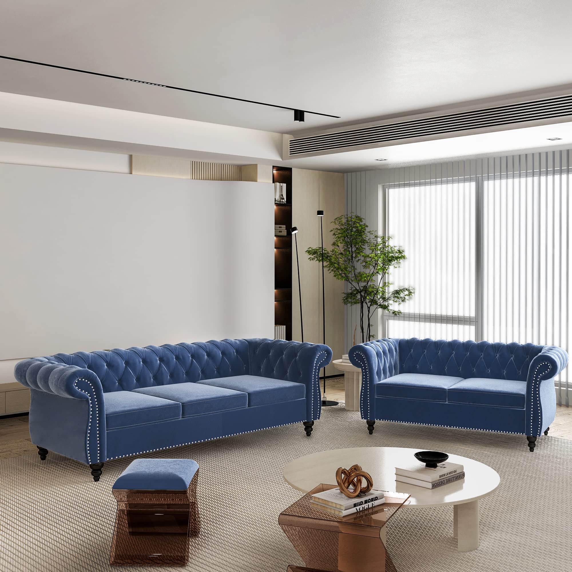ORRD 2 Pieces Living Room Set, Velvet Couch Chesterfield Sofa Loveseat with Scroll Arms and Nailhead for Living Room, Office (Blue)