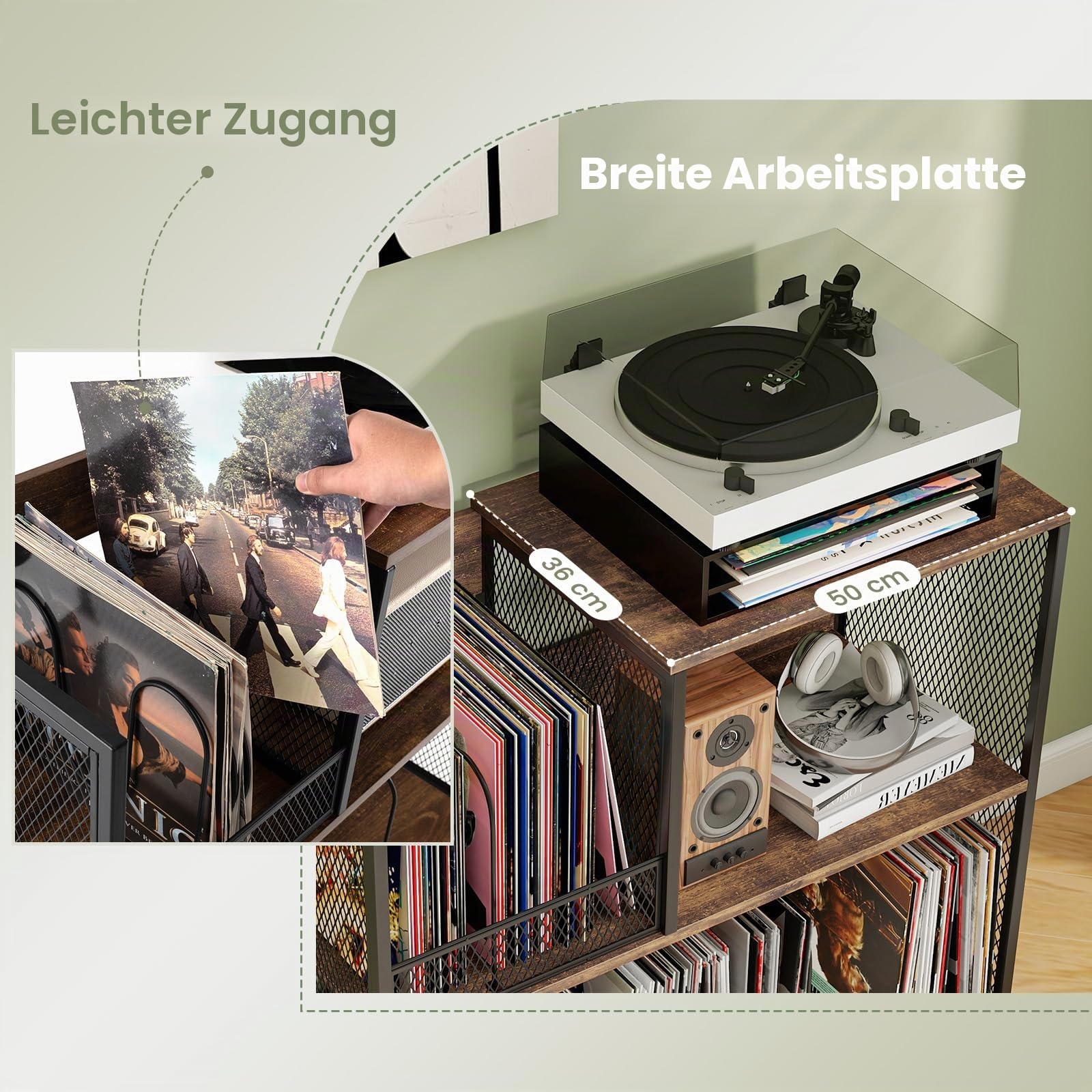 KOMFOTTEU Vinyl-Plattenspielerständer für bis zu 300 Alben, 3-stöckige Schallplatten-Display mit 3 abnehmbaren Trennwänden, Plattenspieler aus Holz und Metall (Braun)